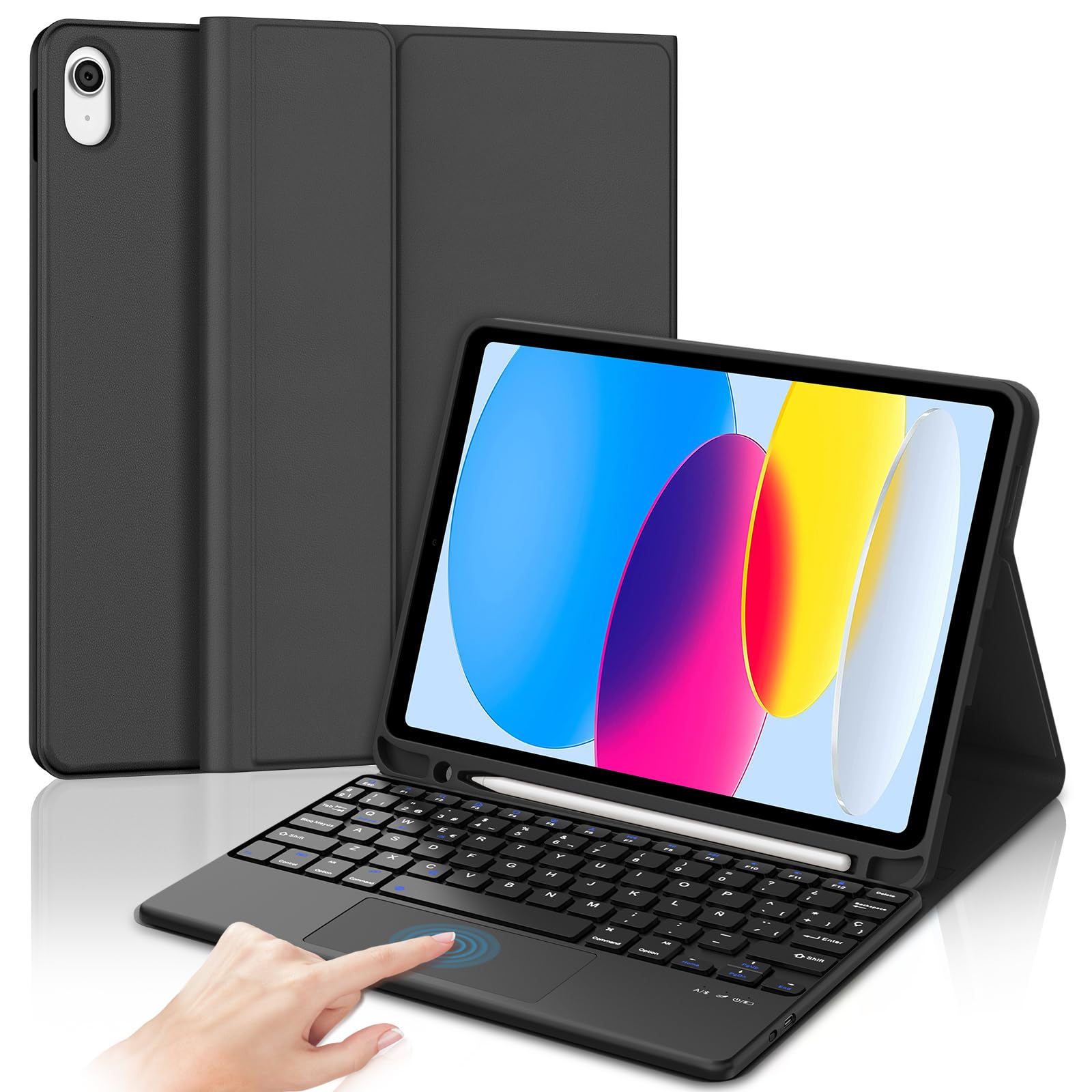 Keyboard for iPad 11 Generation A16 2025/10 Generation 2022 (11/10.9 Inch) with Touchpad, Trackpad QWERTY Spanish Ć, Detachable Bluetooth Magnetic Rechargeable Keyboard, Pencil Holder, Black
