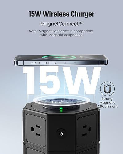 Miniatura 2 de Torre de Regleta de Energía, SUPERDANNY Torre Protector de Sobretensiones, 1050J 13A Estación de Carga con 12 Tomas de CA y 6 Puertos USB (2 USB C),