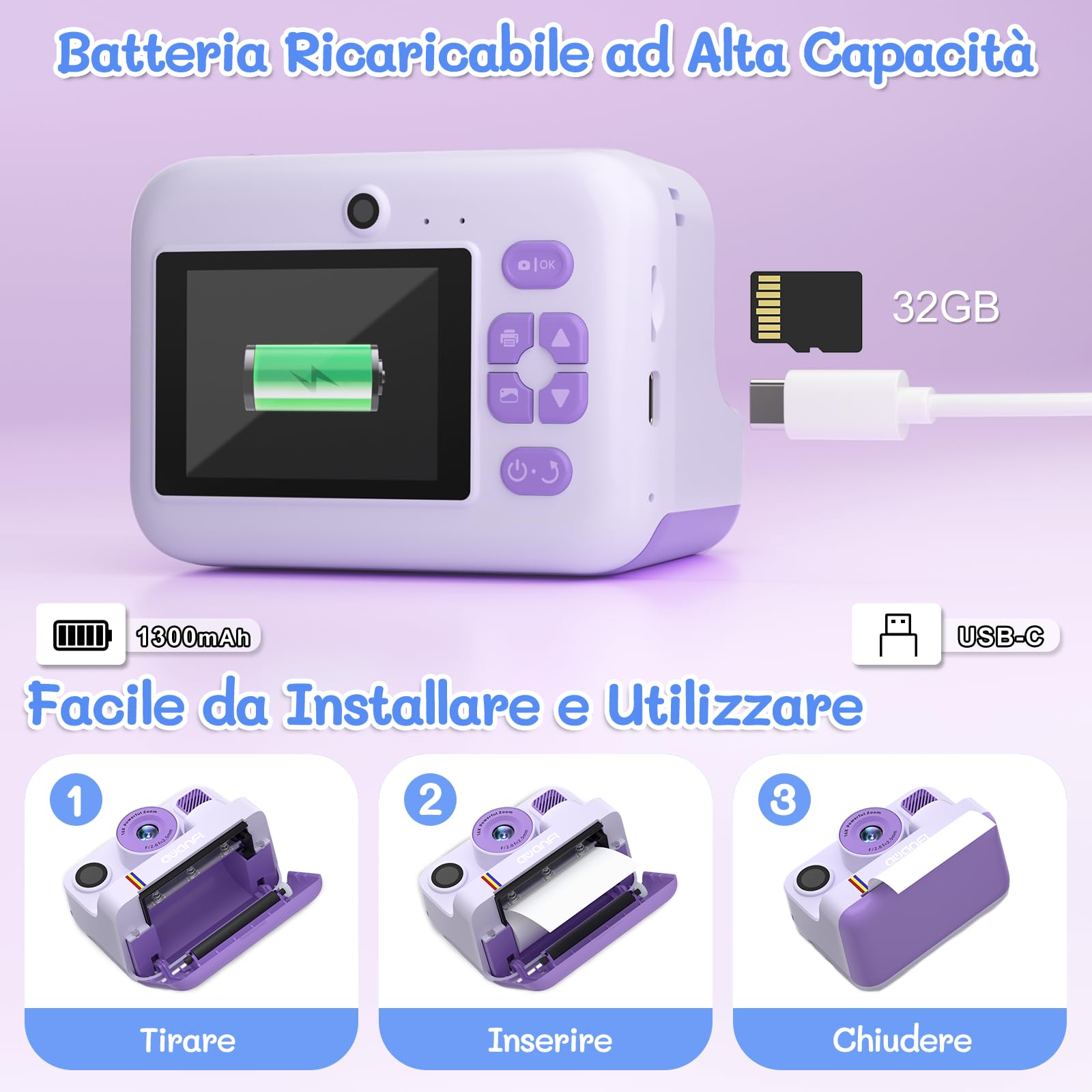 Macchina Fotografica Bambini Istantanea, 1080P Fotocamera Istantanea Bambino, 2.4 Pollici Fotocamera Digitale Bambini con Scheda da 32GB & Papier Photo, Regalo per Ragazze Ragazzi da 3-12 Anni