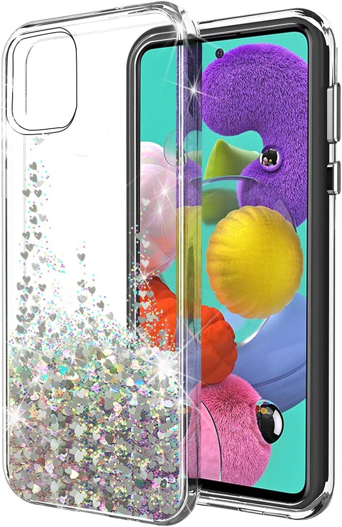 SunStory Galaxy A51 Case,Luxury Fashion with Moving Shiny Quicksand Glitter and Double Protection with PC Layer and TPU Bumper Case for Samsung Galaxy A51 Phone (Silver)