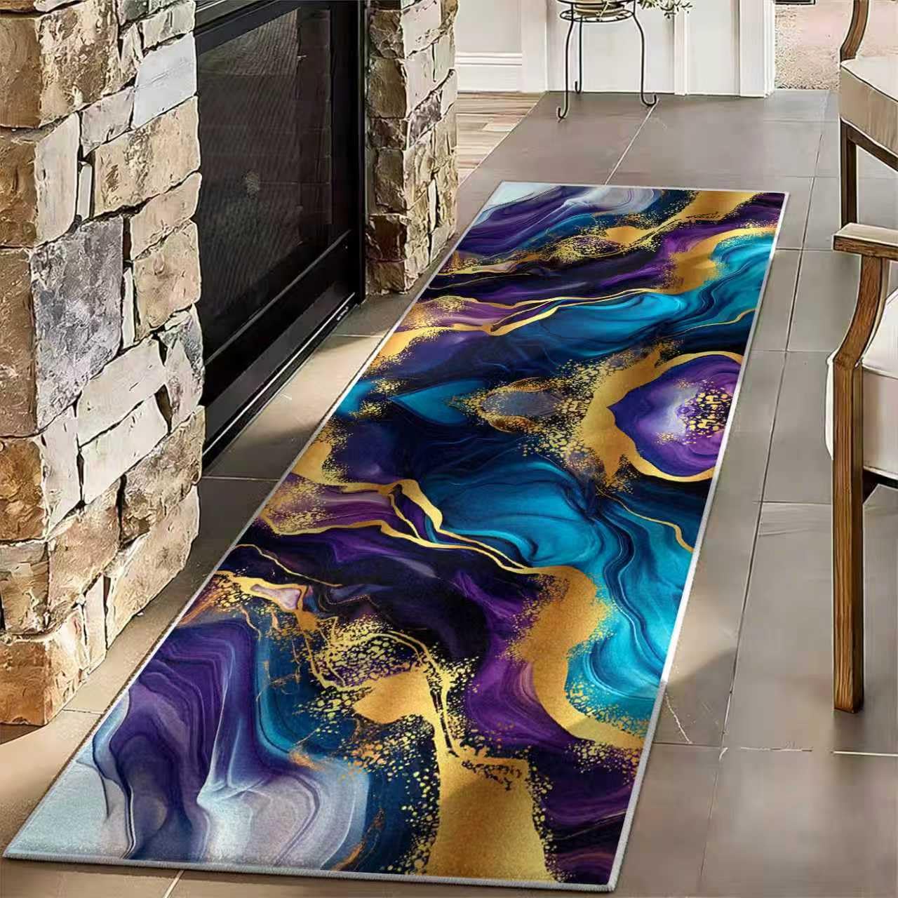 Hallway Marble Runner Rug, 80x300cm Abstract Vibrant Teal Purple and Gold Marble Effect Long Carpet, Luxury Fluid Art Runner Rugs, Non-Slip Washable Modern Floor Mat for Kitchen Bedroom Bedside