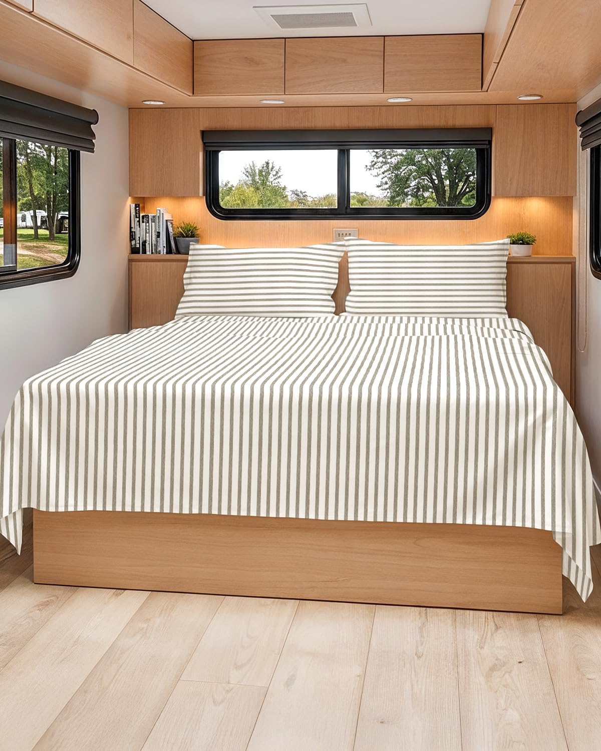 Short Queen Size 4 Piece Bed Sheet Set - RV Short Queen - Beige Stripes