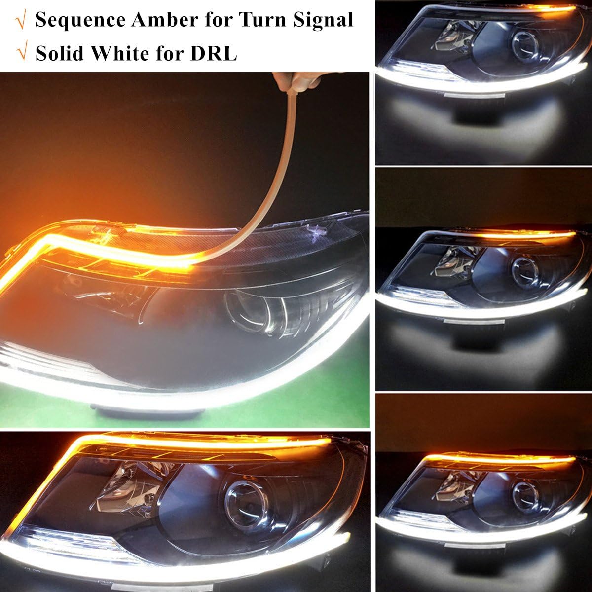 2Pcs 24 Inches DRL LED Light Strip, YANF Car Flexible Daytime Running Lights Dual Color White-Amber Sequence LED Strip Tube Switchback Headlight & Turn Signal Lights Tube Fit for Any 12V Cars