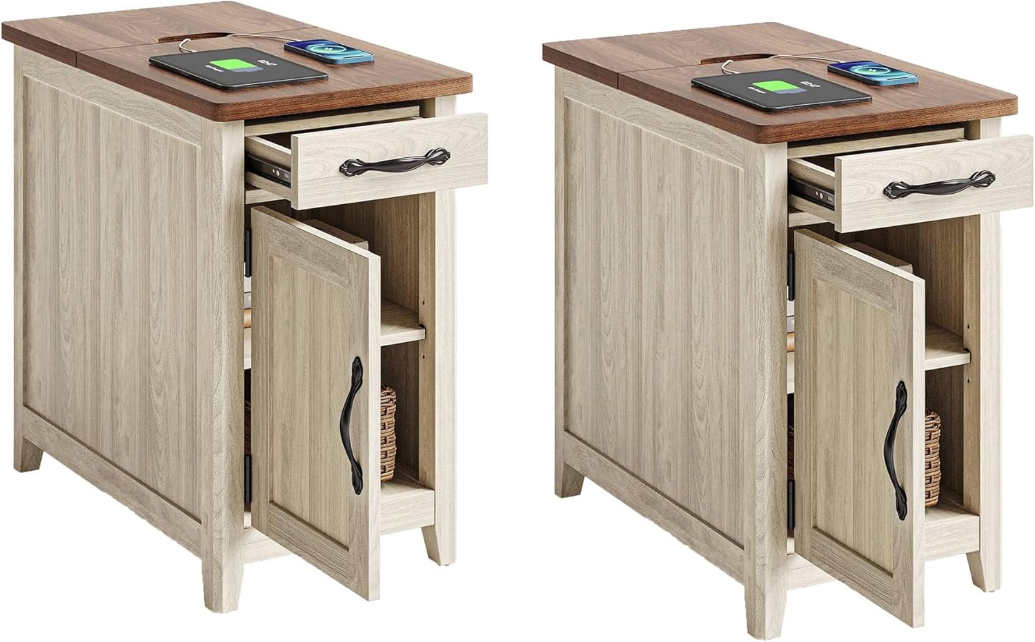 LINSY HOME Farmhouse End Table Set of 2 with Charging Station - Narrow Side Tables, USB Ports, Storage Drawer & Cabinet for Small Spaces