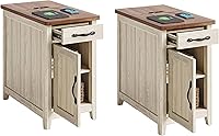 LINSY HOME Farmhouse End Table Set of 2 with Charging Station - Narrow Side Tables, USB Ports, Storage Drawer & Cabinet for Small Spaces