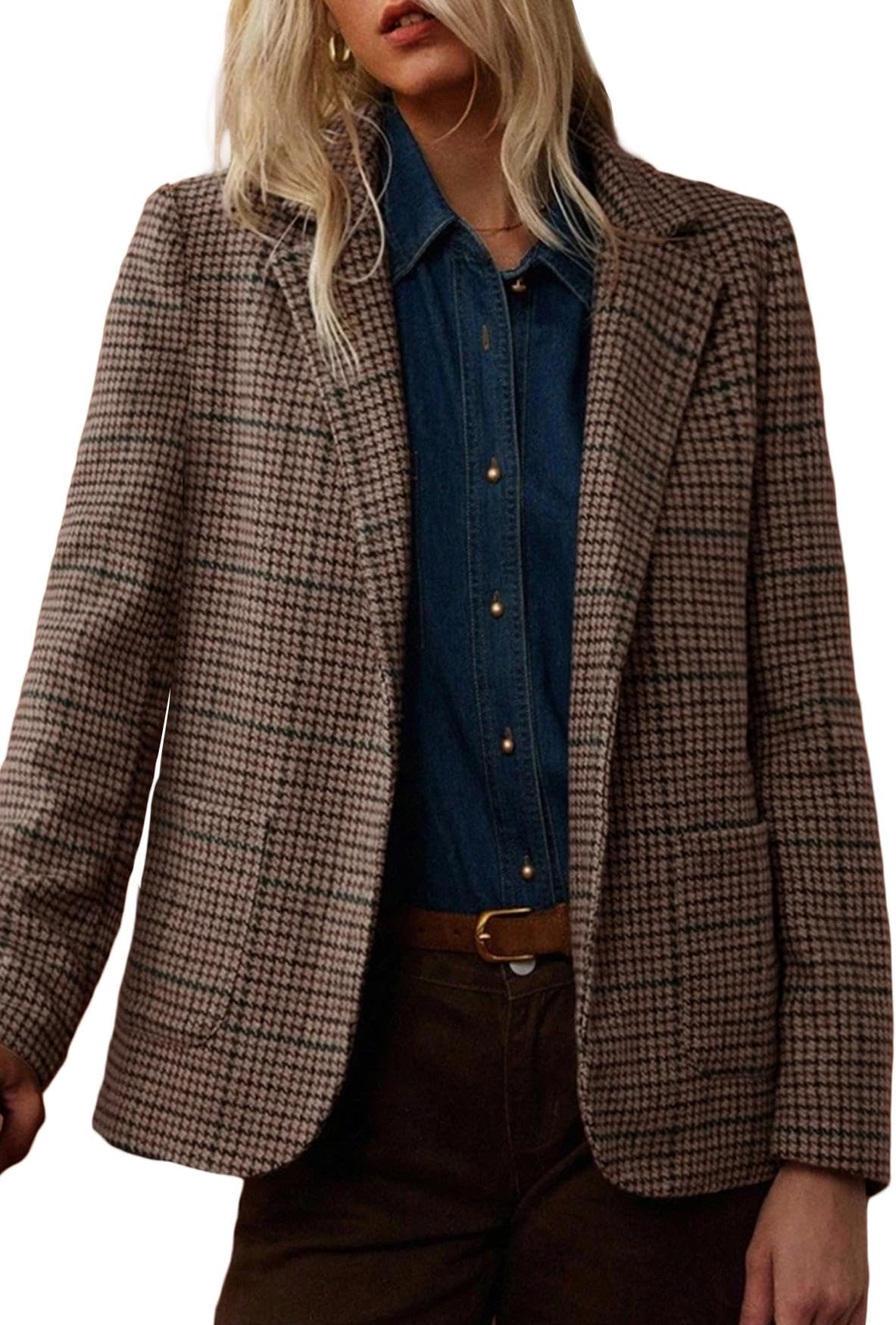 Mina Self 2025 Fall Winter Womens Houndstooth Blazer - Work Casual Fully Lined Plaid Office Jackets Suit with