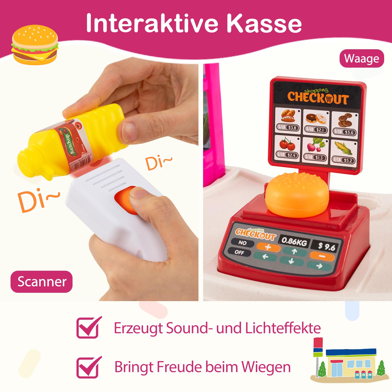 COSTWAY Kaufladen mit Einkaufswagen, Kinder Kaufmannsladen mit Waage, Regalen, Scanner mit Licht & Sound, Supermarkt inkl. Spiel-Lebensmittel & Zubehör, Einkaufsladen für Kinder ab 3 Jahren (Rosa)