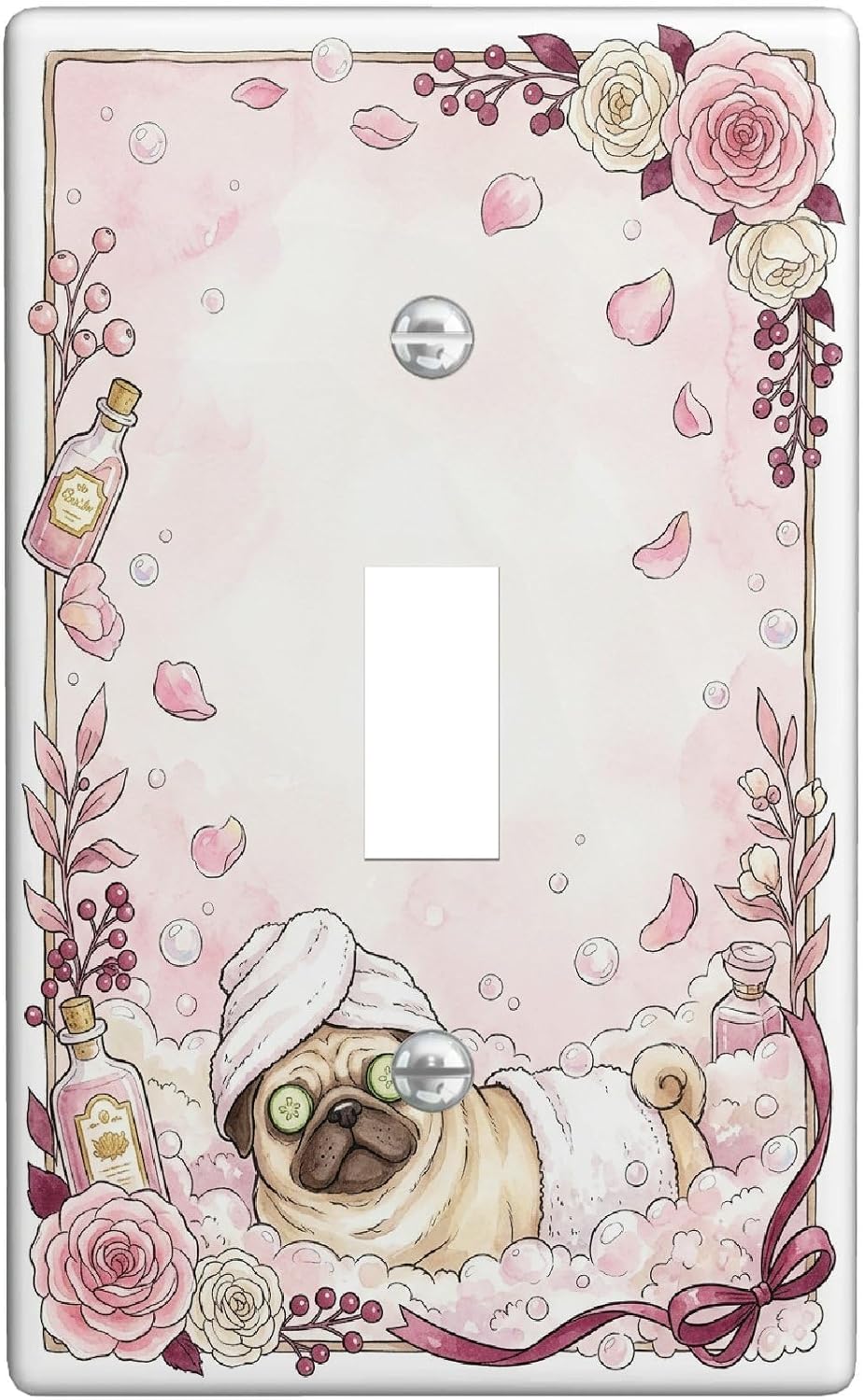 Pug Bathroom Single Light Switch Cover Plate, Fanciful Romantic Roses Bubbles Spring Peach Plastic Standard Size Wall Switch Plates Accents for Home Living Room New Apartment Decor (Single)