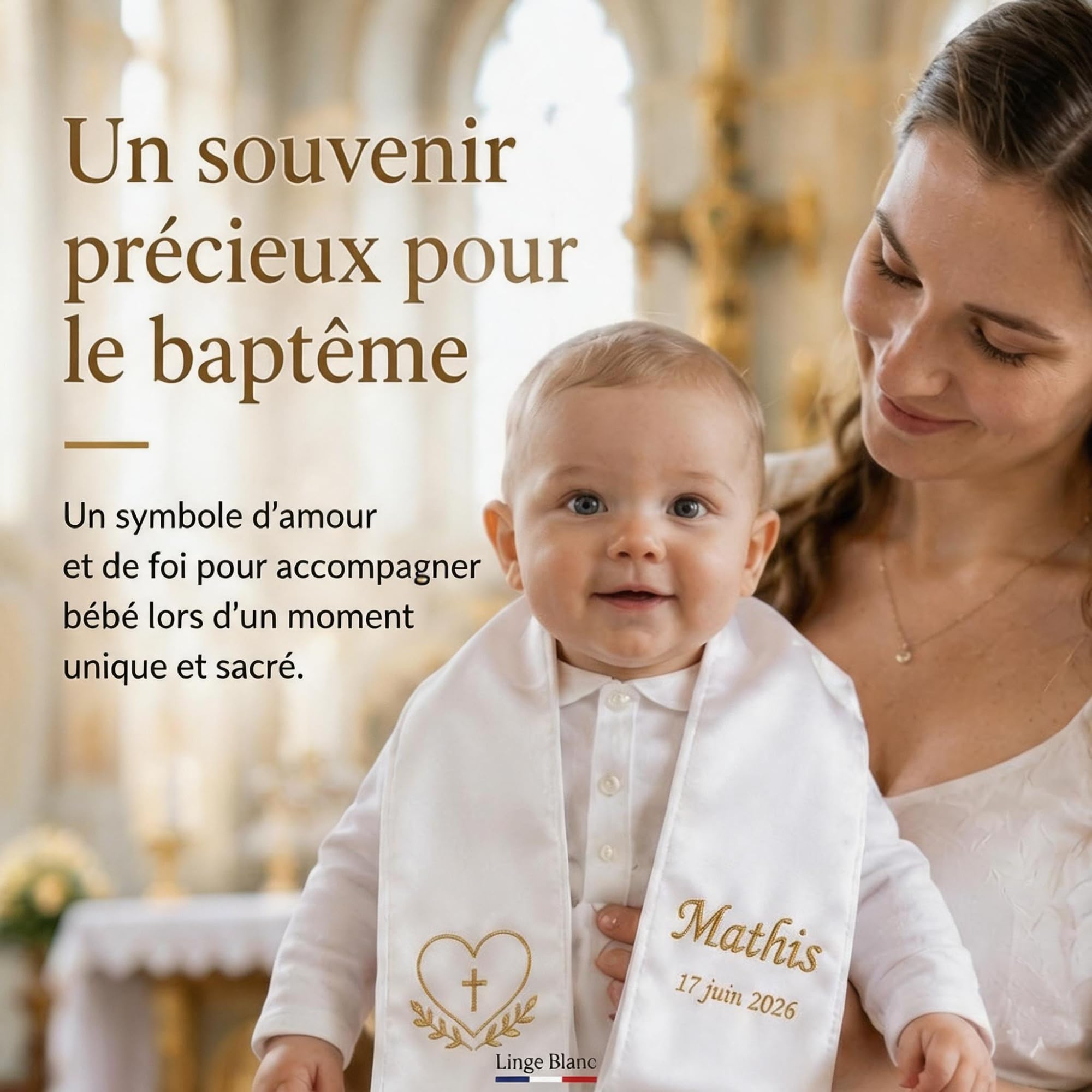 Étole de Baptême Personnalisée 15x120cm | Écharpe Blanche Satinée Brodée Prénom Date | Motifs Religieux au Choix | Coffret Cadeau Bébé Enfant