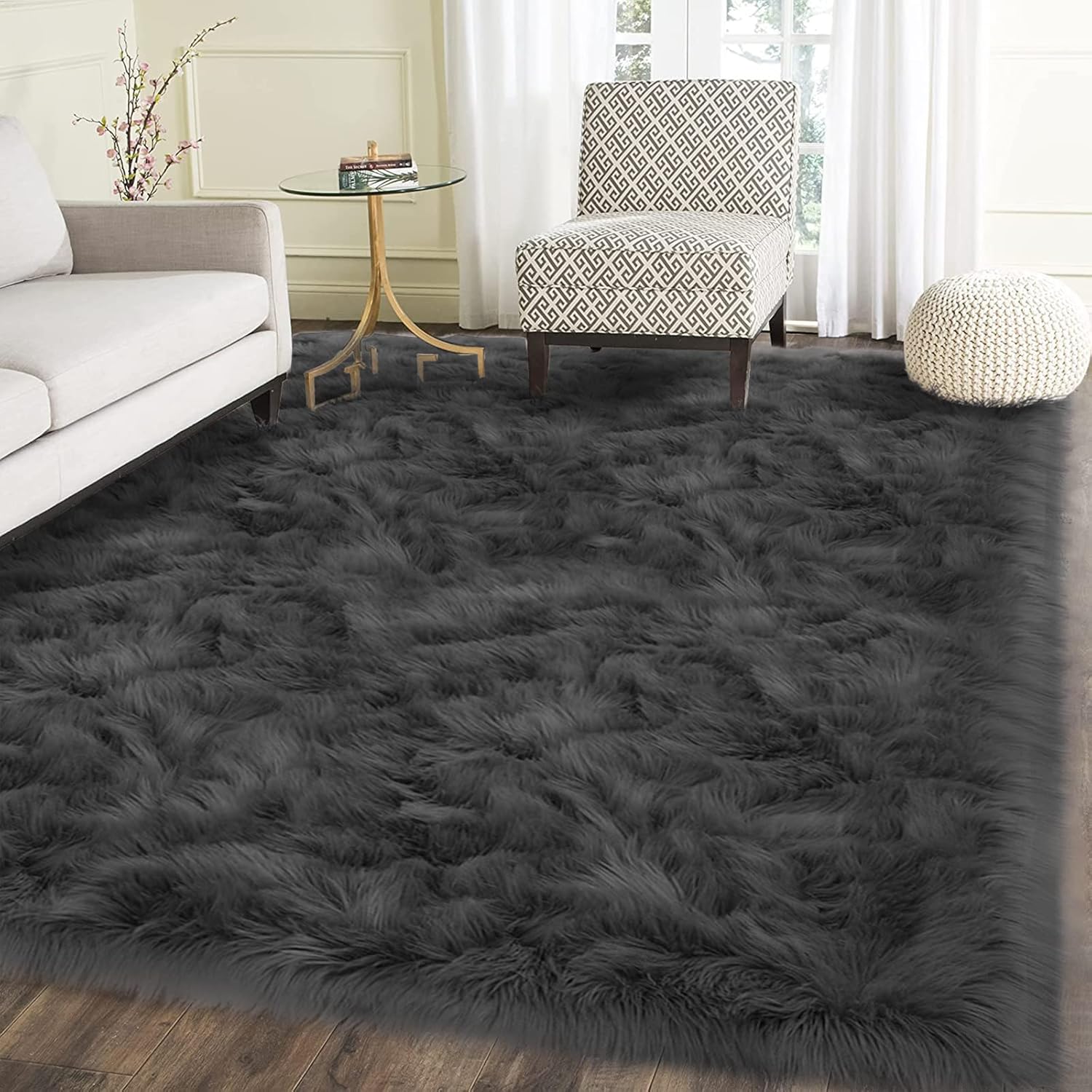 Latepis Rugs for Living Room 5x7 Dark Grey Washable Faux Fur Throw Rugs for Bedroom Sofa Floor Fluffy Shag Fuzzy Rug Shaggy Rug Luxury Home Decor Rectangle 5' x 7' (Rectangular) Dark Grey
