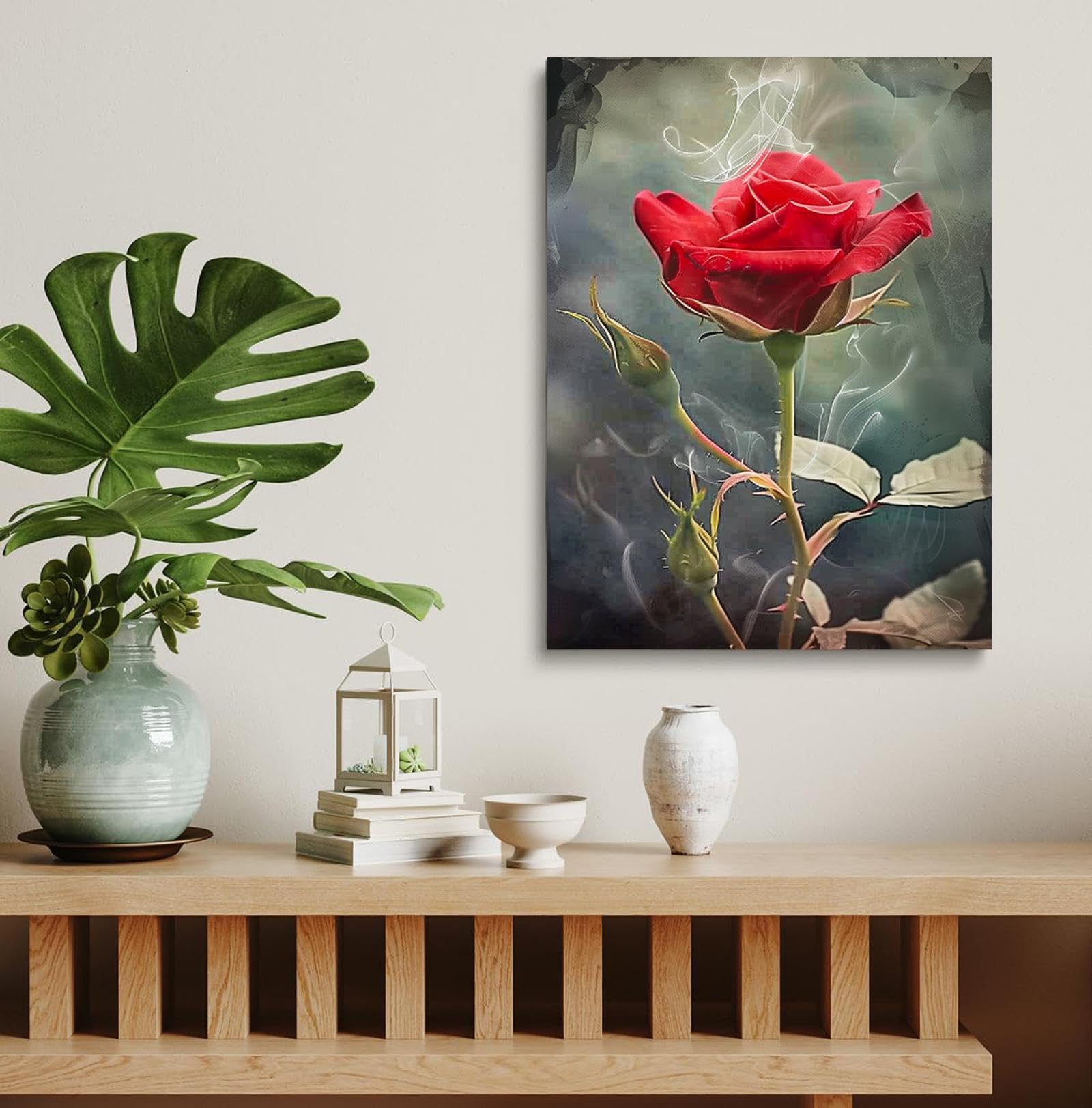 BFKJDS Leinwanddruck, Motiv: Rote Rose, Wandkunst, Schwarz-Weiß, Poster, Landliebe, Dekoration, Schlafzimmer, Badezimmer, Kunstwerk, 80 x 100 cm, gespannt und gerahmt, fertig zum Aufhängen