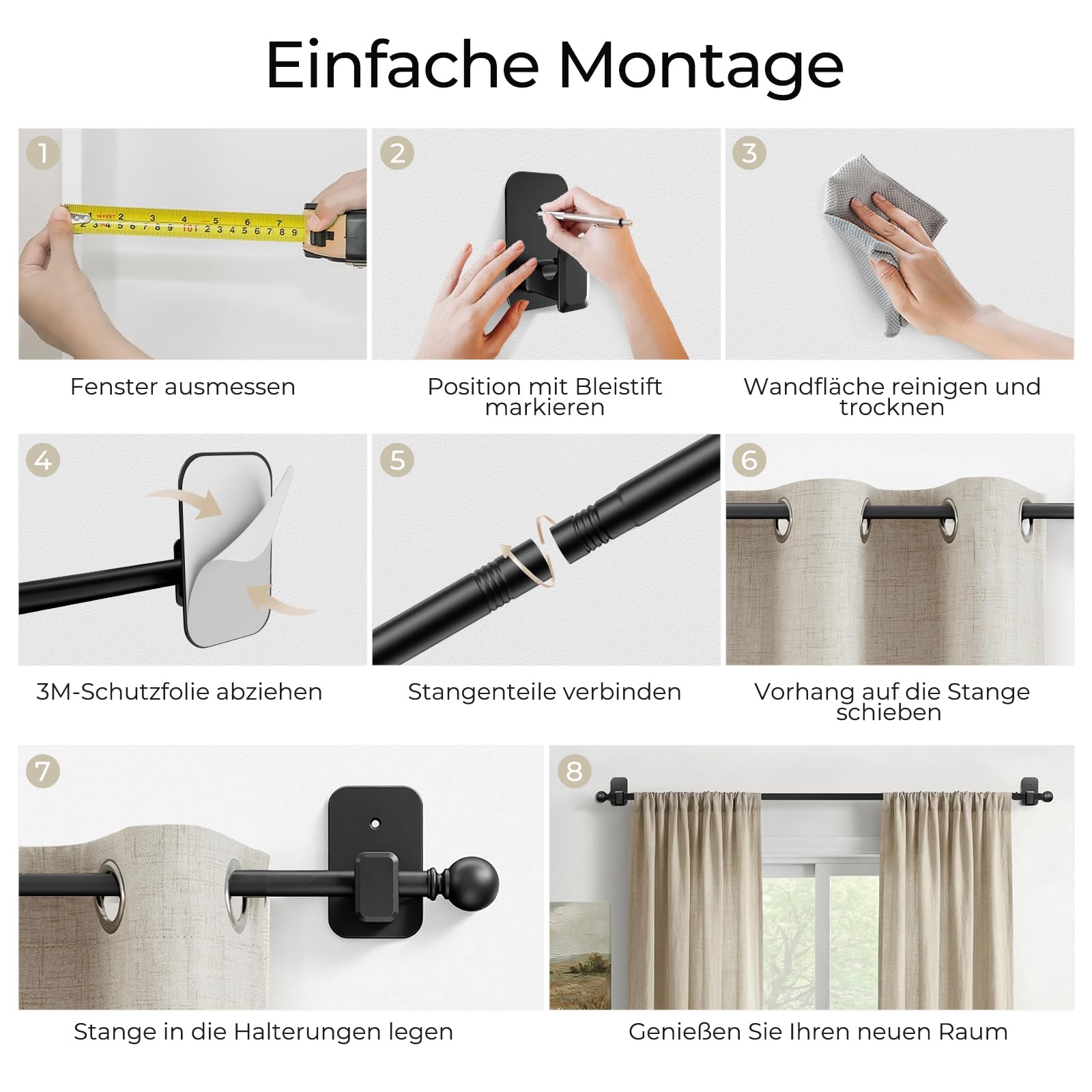 Tringle à Rideaux Sans Perçage 81-218 cm, Barre Extensible Noire Diamètre 16 mm, Supports Adhésifs Sans Trous, Idéal pour Locataires et Installation Temporaire
