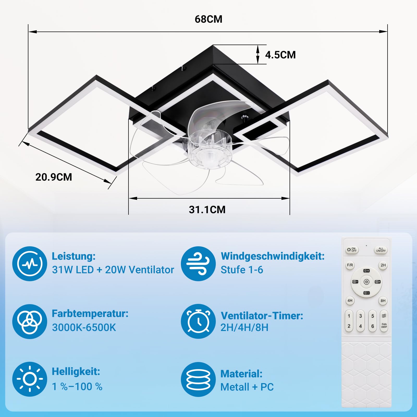 LED Lampka Na Suficie Do Salonu, Wentylator Sufitowy 31W Lampka | Sufitowa z Możliwością Regulacji Jasu, z Falistą, Cichy Wentylator z Oświetleniem, Duży Timer 6 Poziomów do Pokoju, Kuchni