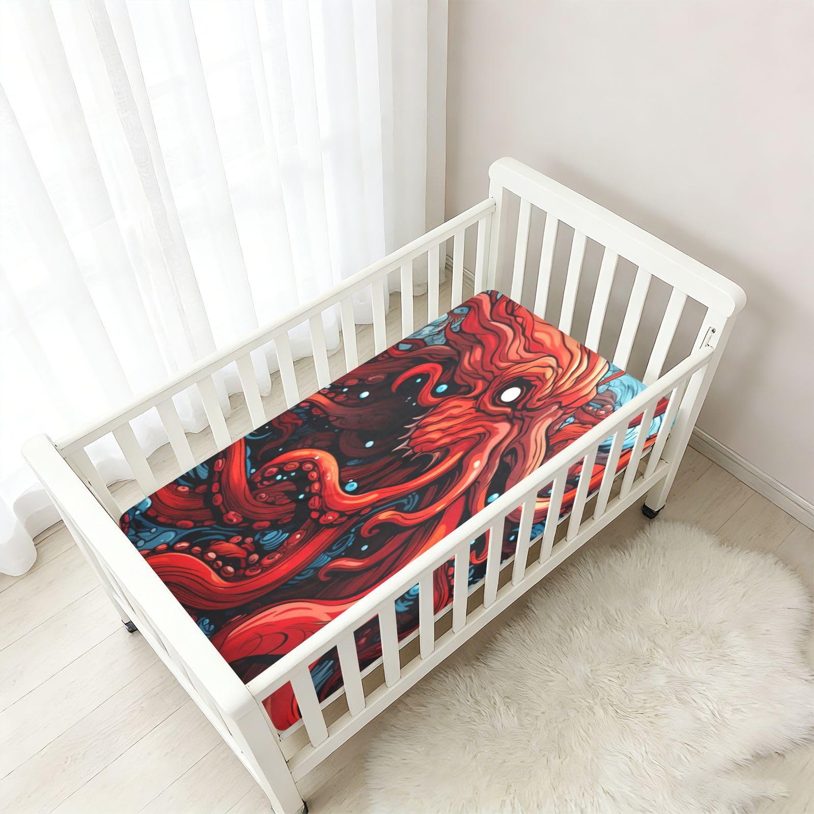 Pulpo Rojo Mar Oscuro Sábana de Cuna para Niños Pequeños,Sábanas de Algodón Suave para Bebés Aptas para Colchón Corralito