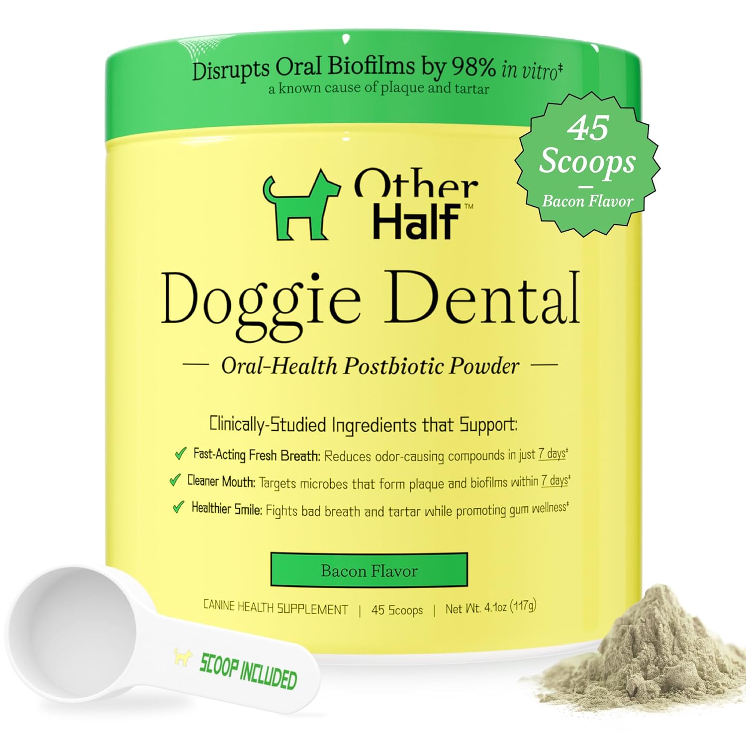 OTHER HALF Doggie Dental Supplement Powder - Dog Breath Freshener & Teeth Cleaning Made Easy - Oral Health Postbiotic for Dogs - Targets Tartar, Plaque & Bad Breath | 45 Scoops,...
