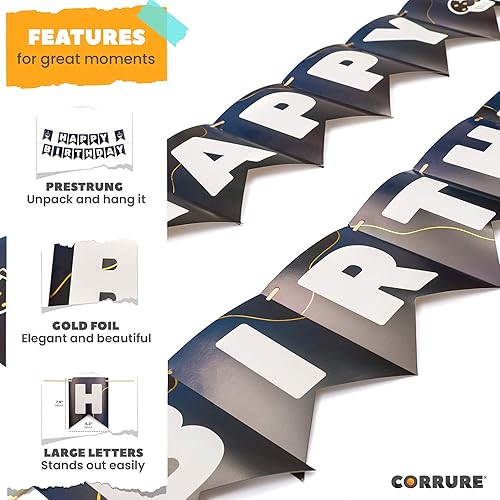 Miniatura 4 de CORRURE Cartel de feliz cumpleaños – Pancartas azules preencordadas con lámina dorada – Bandera grande para fiestas para mujeres, hombres, niñas o