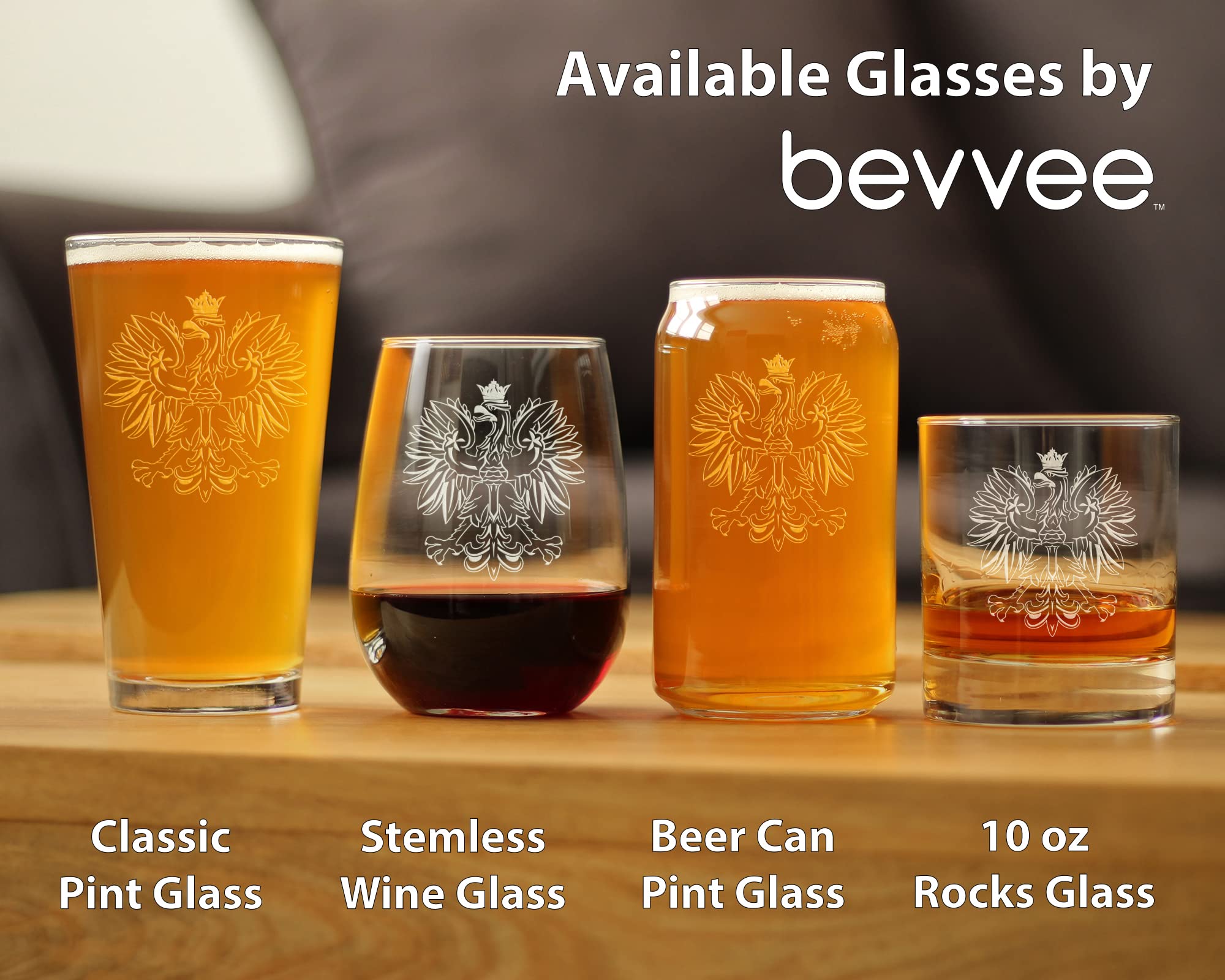 Bevvee Polish Eagle Stemless Wine Glass - Poland Gifts or Party Decor for Women & Men - Large 17 Oz Wine Glasses