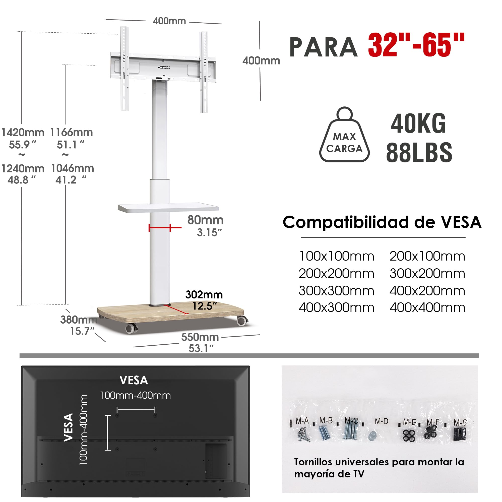 AOKCOS Soporte para TV móvil con ruedas con base y estante de madera para televisores de 32 a 65 pulgadas, soporte de piso para TV ajustable en altura y giratorio, hasta 40 kg máx. VESA 400 x 400 mm