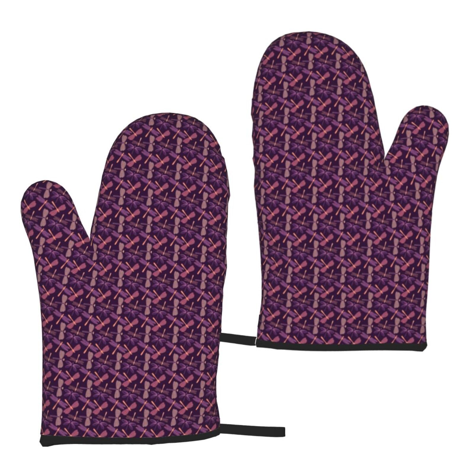 Purple Dragonfly Print Heat Resistant Universal Fit Oven Microwave Gloves Home Cooking Baking Grilling