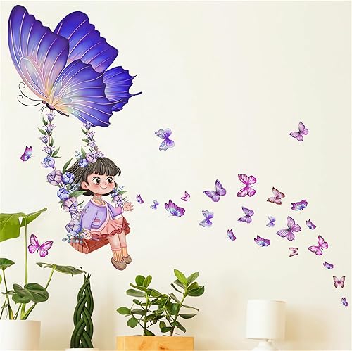 Miniatura 4 de Calcomanías de pared con diseño de flores de mariposa moradas y encantadoras niñas pequeñas, calcomanías de pared de arte de sacinora de vinilo