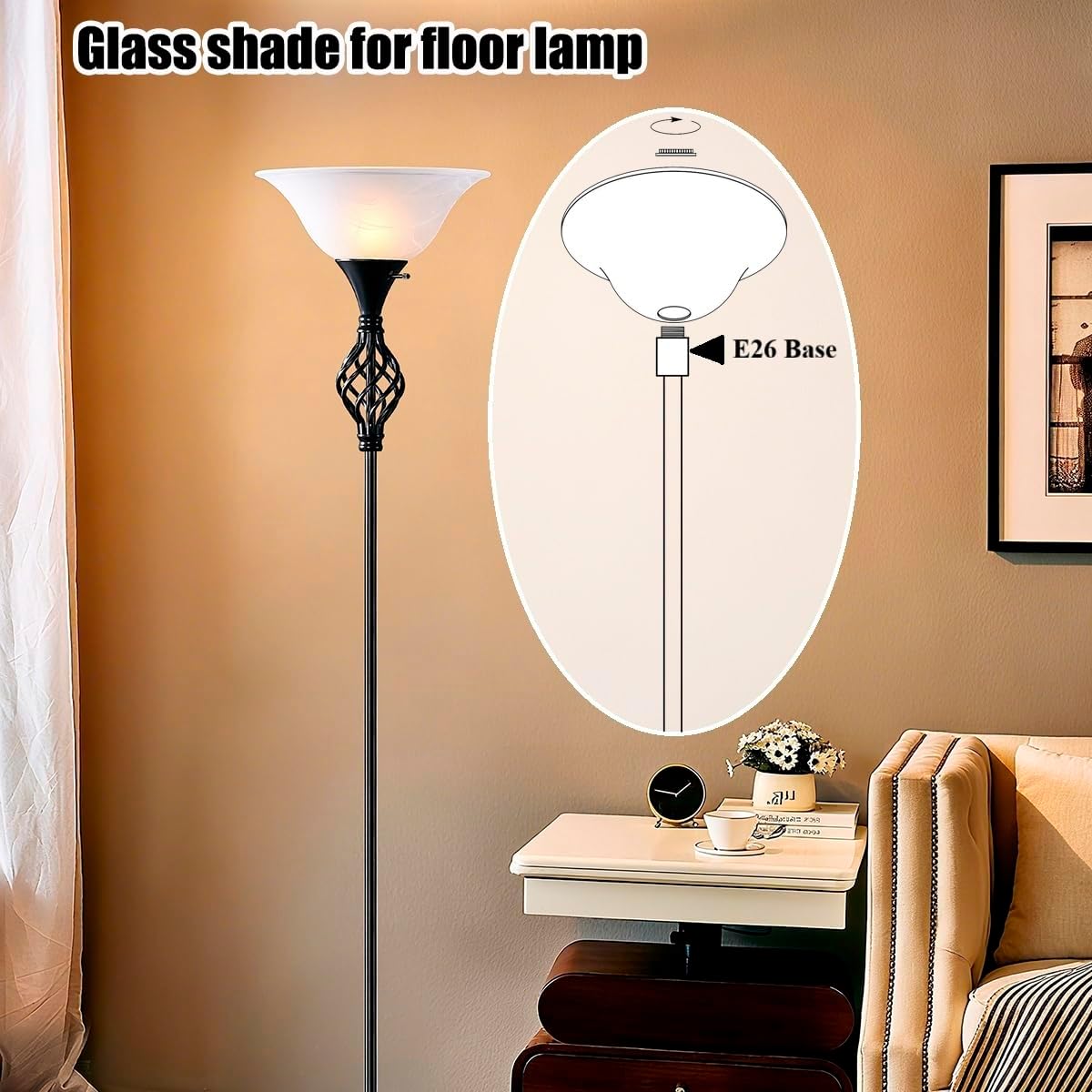 Glass Lamp Shade Replacement 12"D x 4.75"H,Lamp Shades For Floor Lamps Suitable for E26 Socket Torchiere Lamp Shade GlassShades Ceiling Fan Light Covers Ceiling Fan Globe Replacement Glass Bowl