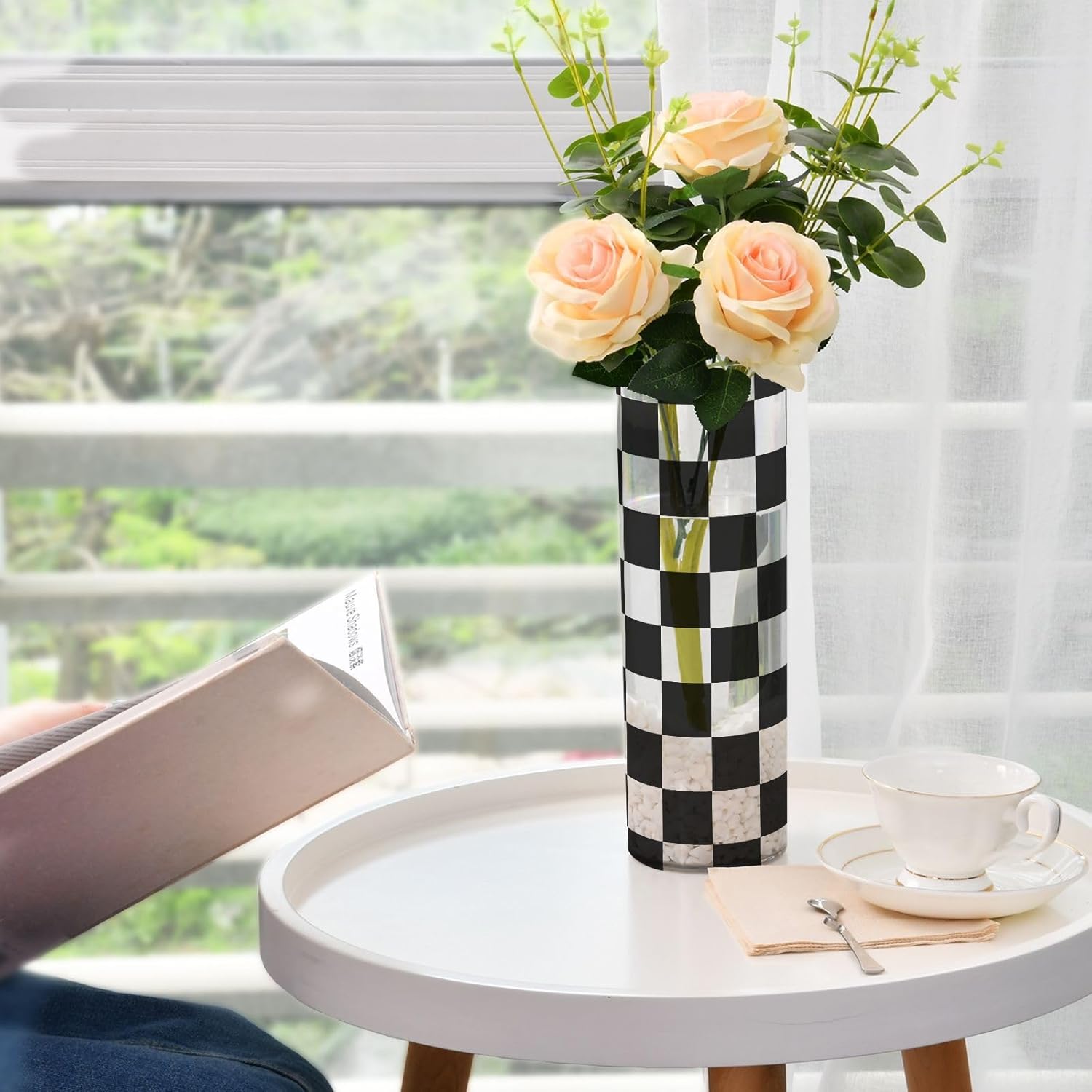 Flower Vase Plastic Cylinder Vase 3.9" W x 11.8" H Clear Aesthetic Vase for Wedding Centerpiece Table Party Home Decoration Checkered Black and White