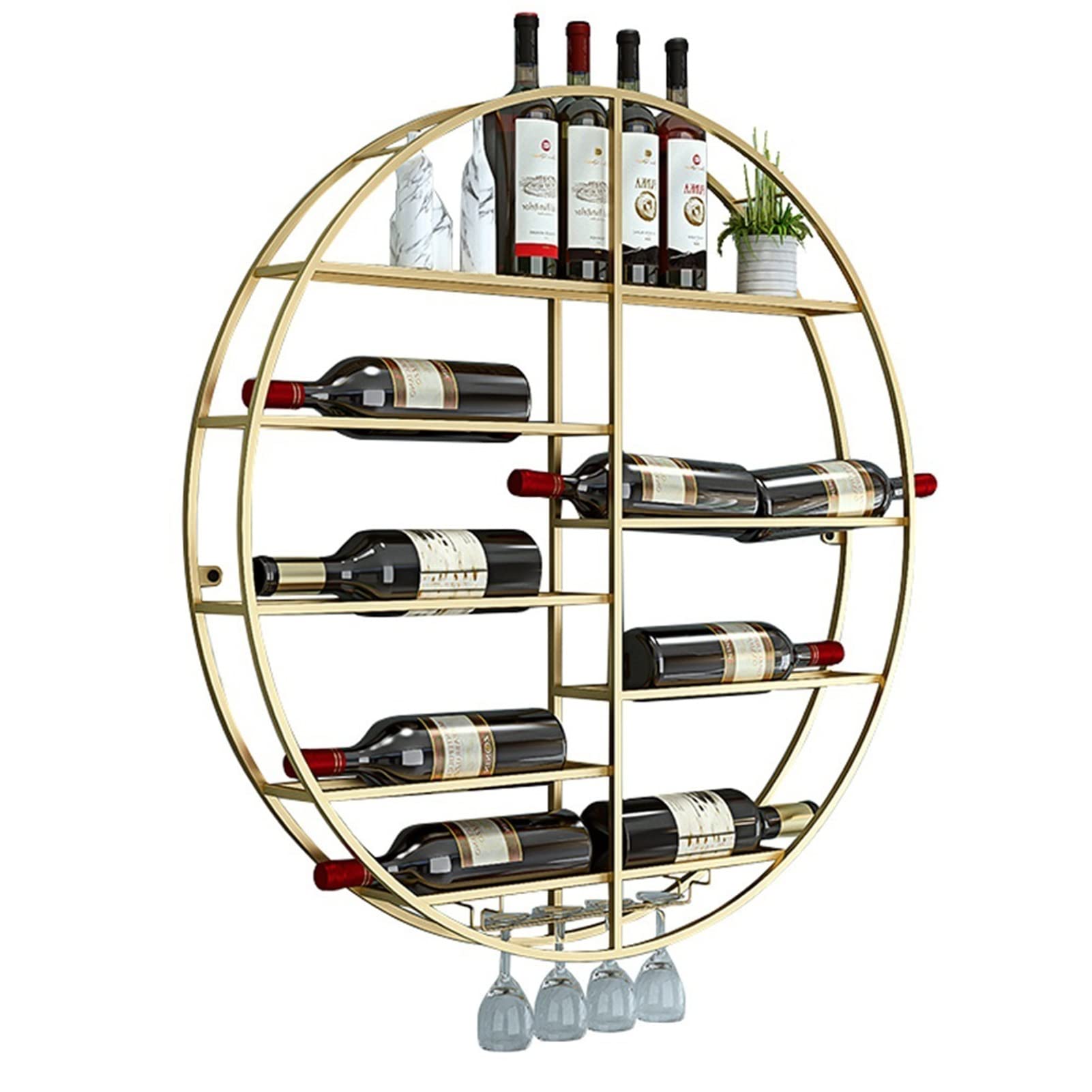 Porte-verres à pied et casier à vin mural rond en métal pour bouteilles de vin