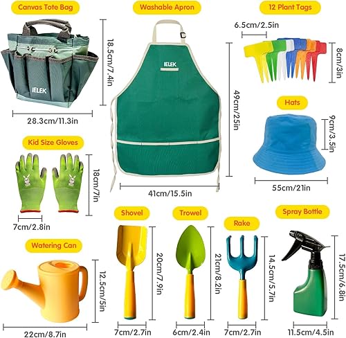 Miniatura 4 de Juego de herramientas de jardinería para niños, incluye pala, rastrillo y paleta, guantes para niños, sombrero, bolsa de mano, botella de spray,