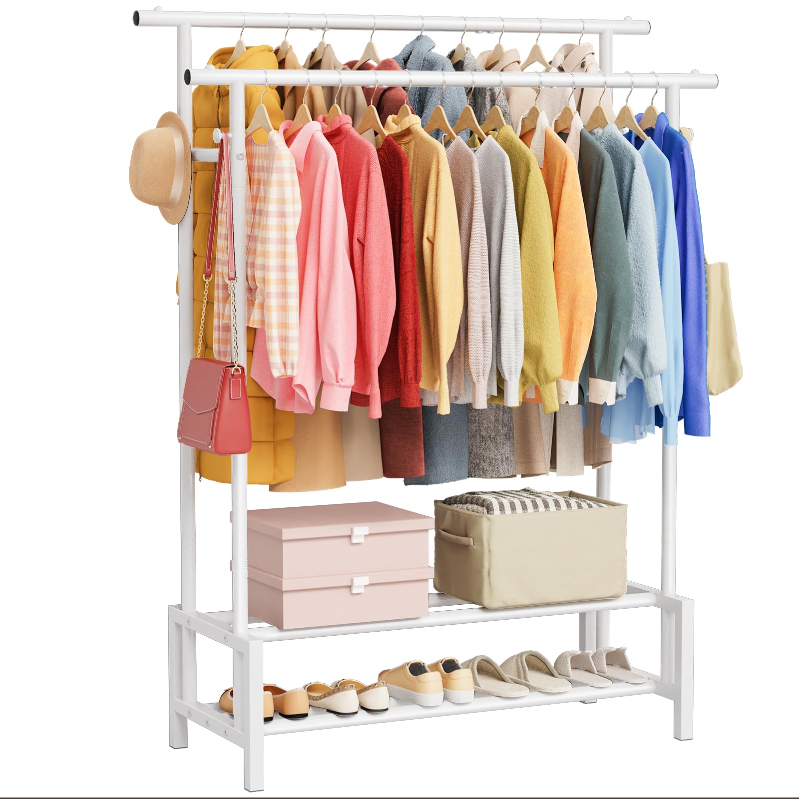 LZNIOZ Clothes Rail for Bedroom - Double Hanging Clothing Rail with Shoes Rack, Free Standing Clothes Rack for Living Room, Laundry, Shop (Modern, White)