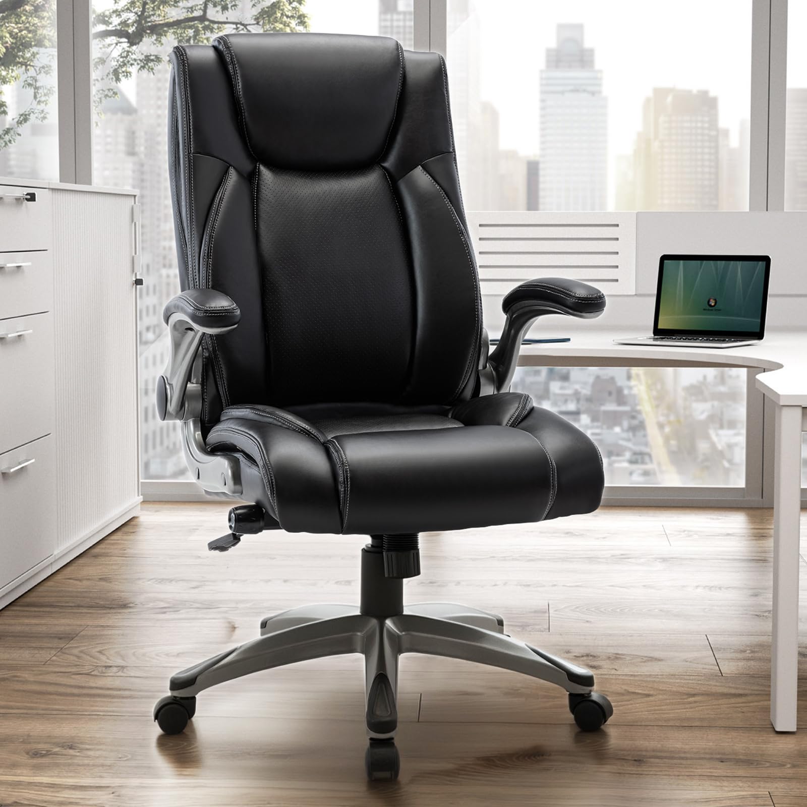 COLAMY Bürostuhl Ergonomisch, Chefsessel mit Hoher Rückenlehne, Ergonomischer 360° Drehstuhl für Büro, Schreibtischstuhl Lederstuhl mit Verstellbarer Neigungsverschluss, Schwarz