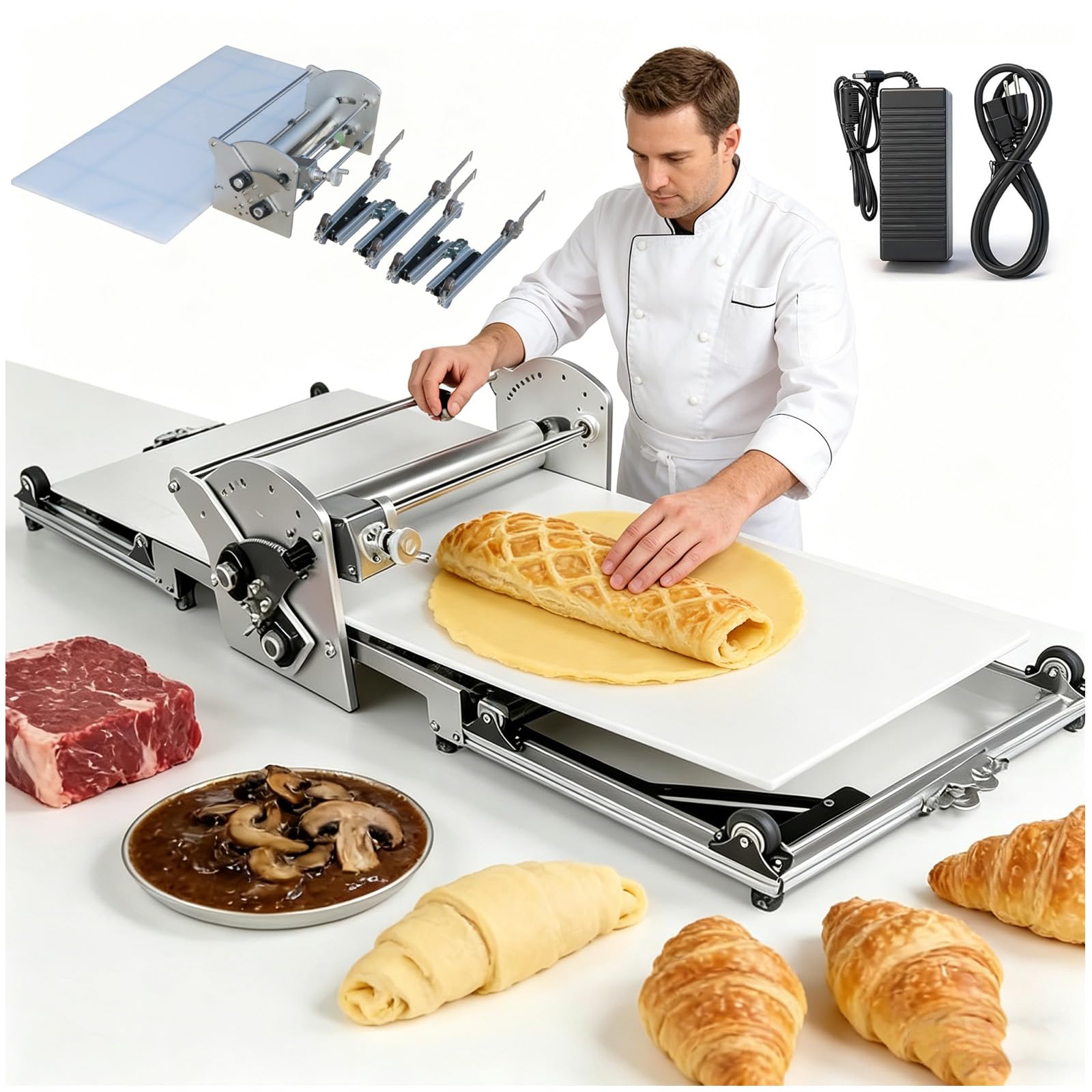 Sfogliatrice elettrica in acciaio inox con spessore regolabile per