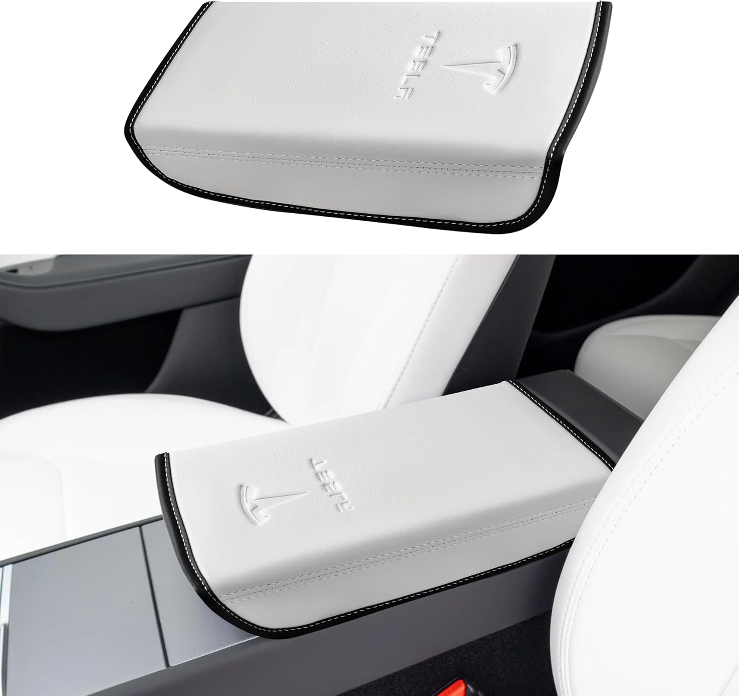 Product image of Center Console Leather Armrest Cover Designed for 2024-2026 Refresh Model 3 Highland/Model Y Juniper,Center Console Accessories for Tesla Model 3/Y 2025 Interior Accessories White
