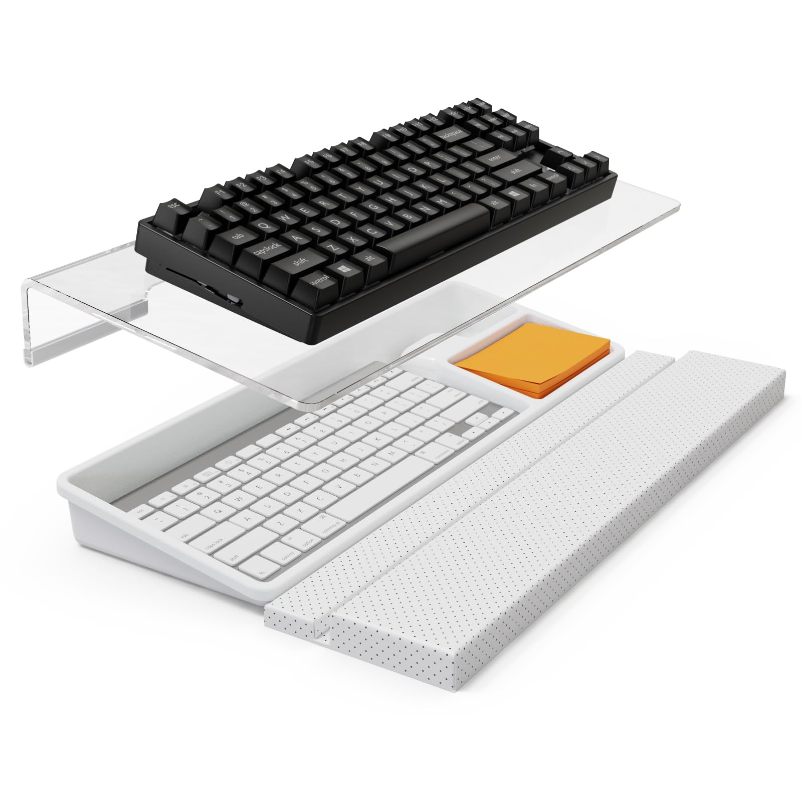 Tilted Keyboard Stand w/Wrist Rest & Storage Tray - Klearlook Angle Adjustable Keyboard Riser for Desk,16.9x7.3in Ergonomic Acrylic Computer Keyboard Holder, Comfortable Typing for Home Office-White