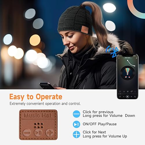Miniatura 4 de TOUCH TWO Gorro Bluetooth para mujer con agujero para cola de caballo, gorro de punto inalámbrico con auriculares Bluetooth