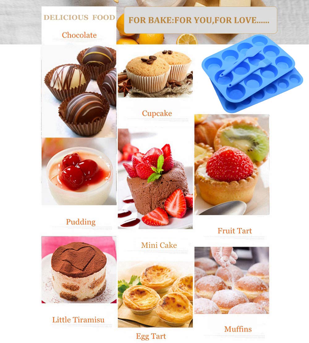 Silikon Muffinform Set - Regular 12 Tassen und Mini 24 Tassen Muffin Cupcake Backform, Cupcakes, Lebensmittelqualität Silikon Muffinformen mit 1 Silikon Spatel & 1 Ölpinsel (Blau)