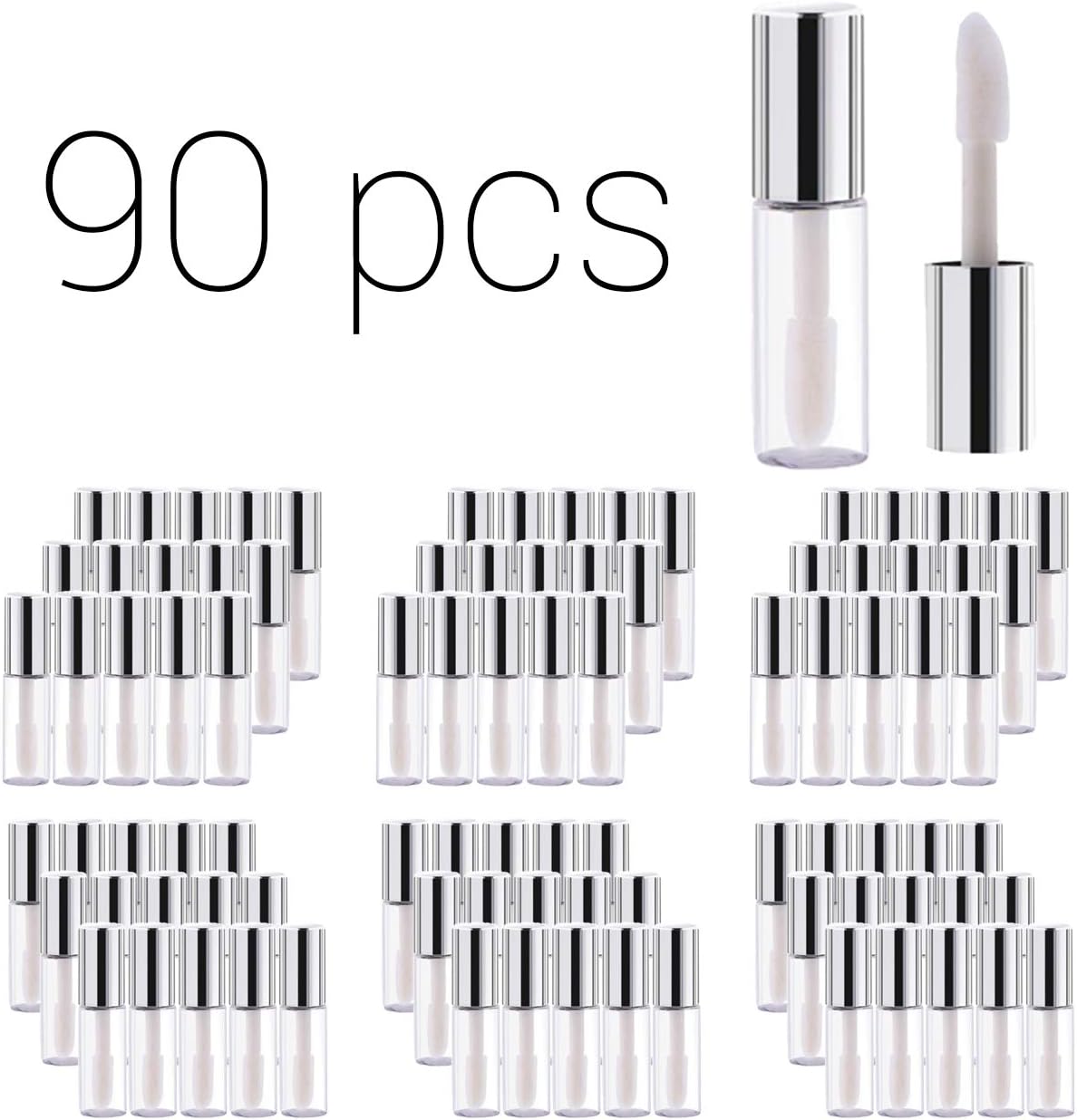 Case of 90 packs, Empty Plastic Clear Lip Gloss Tubes Lip Balm Bottle Container Silver Transparent 1.2ML Makeup Tool for Women (90 pcs, Silver)