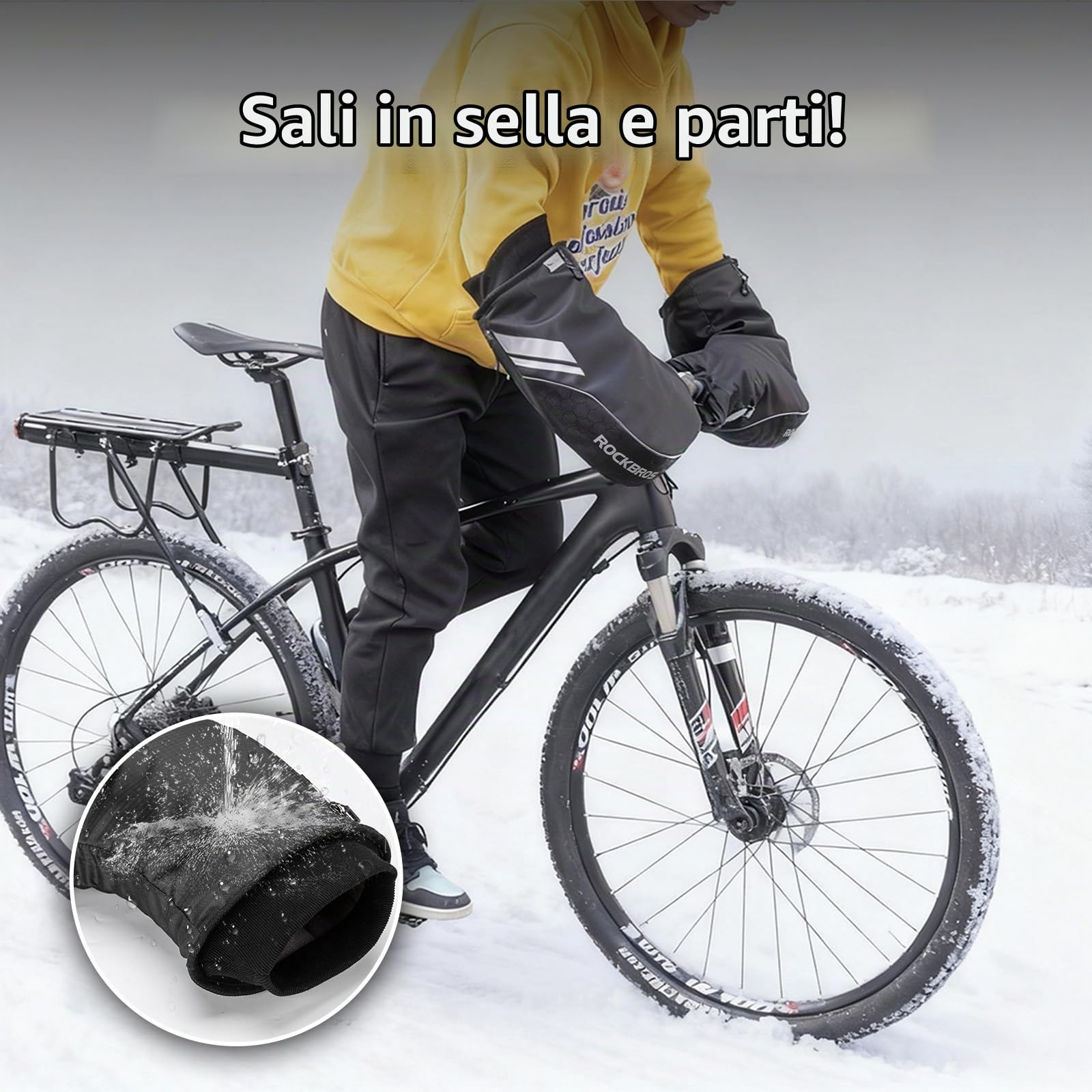 ROCKBROS Guanti Manubri Invernali Termici, Guanti per Manubrio Dritto Bici Moto Ebike Scooter, Foderato Impermeabile Antivento Idrorepellente Riflettente
