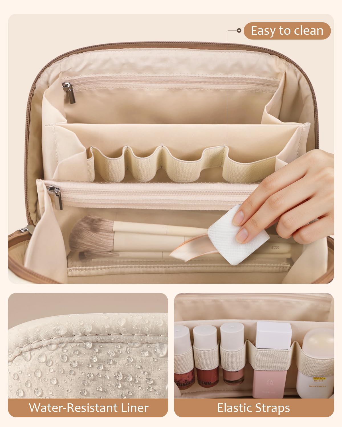 Prite 3 Pcs Trousse de Maquillage Voyage Femme avec 2 Poches en TPU, Beige | Trousse de Toilette, Vanity Case, 3 Compartiments, Pochette à Pinceaux, Hydrofuge, Cuir Vegan Grainé, Coffret Cadeau Inclus