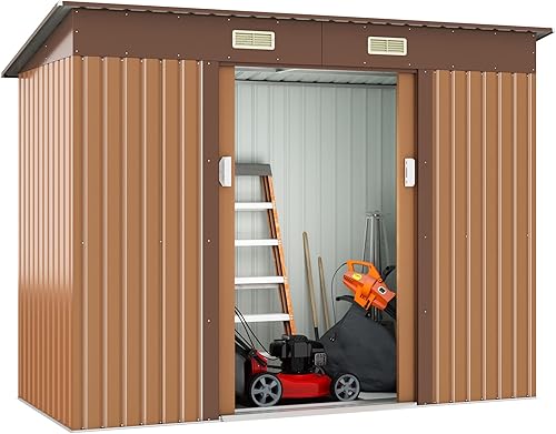 HOGYME Cobertizo de almacenamiento de metal para exteriores de 9.1 x 4.2 pies, cobertizo de almacenamiento de herramientas con puerta corrediza,