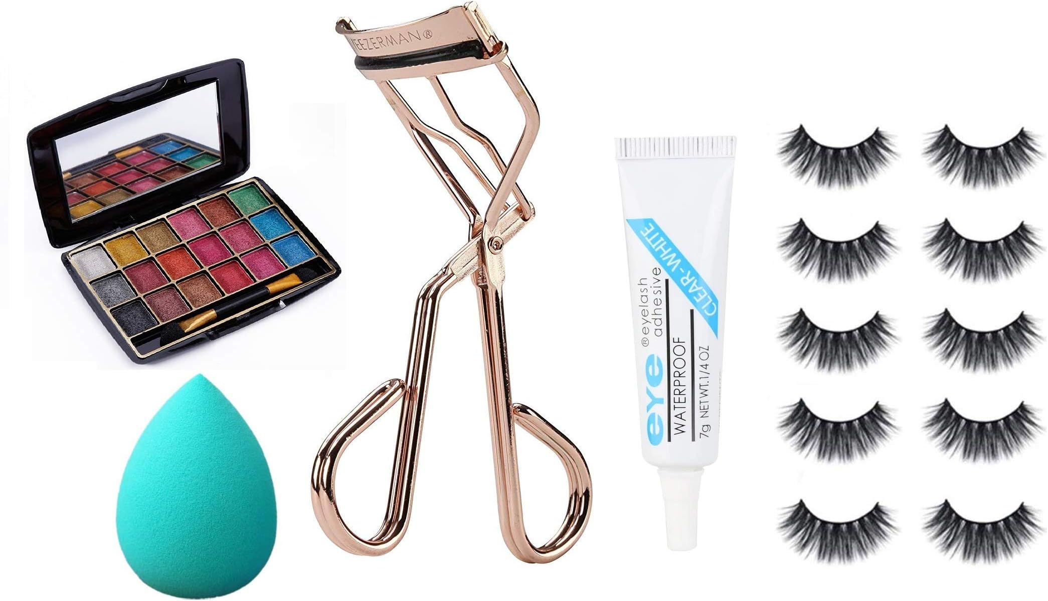 Spanking false eyelashes 5 pcs, 1 pcs eyelash Curler, 1 puff, White Mini eyshadow pallete, 1 eyelash glue (Pack of 5)