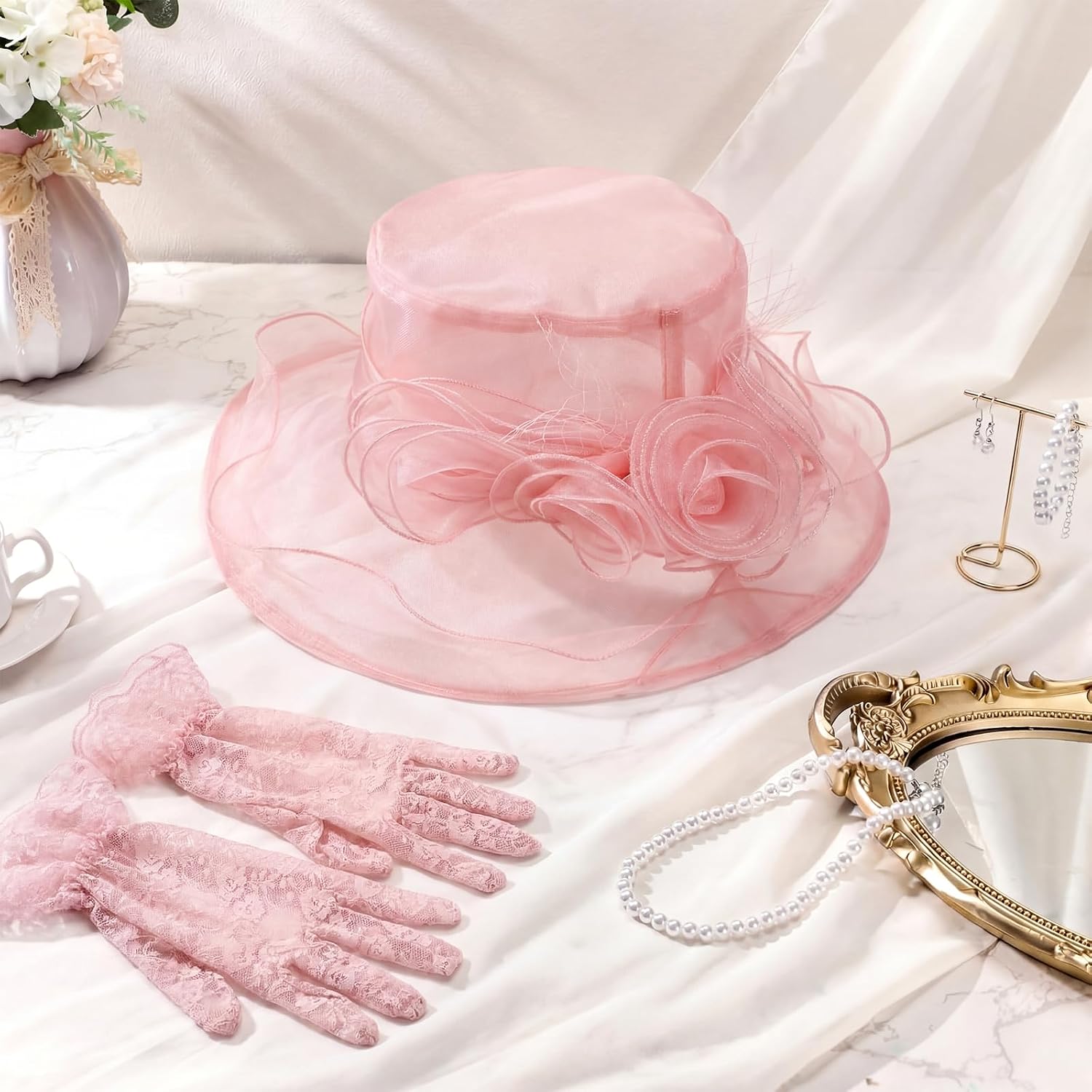Women Derby Hat Set 2026 Organza Derby Fascinator Hat with Lace Gloves Pearl Jewelry for Church Tea Party Wedding image 3