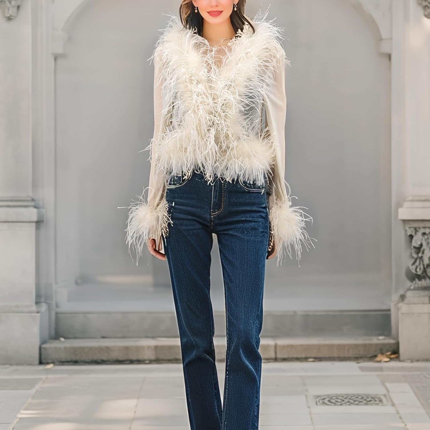 LVCOMEFF Real Ostrich Feather Trim Mesh Crop Top See-Through Black Sheer Shirt Jacket Clubwear Y2k - Image 3