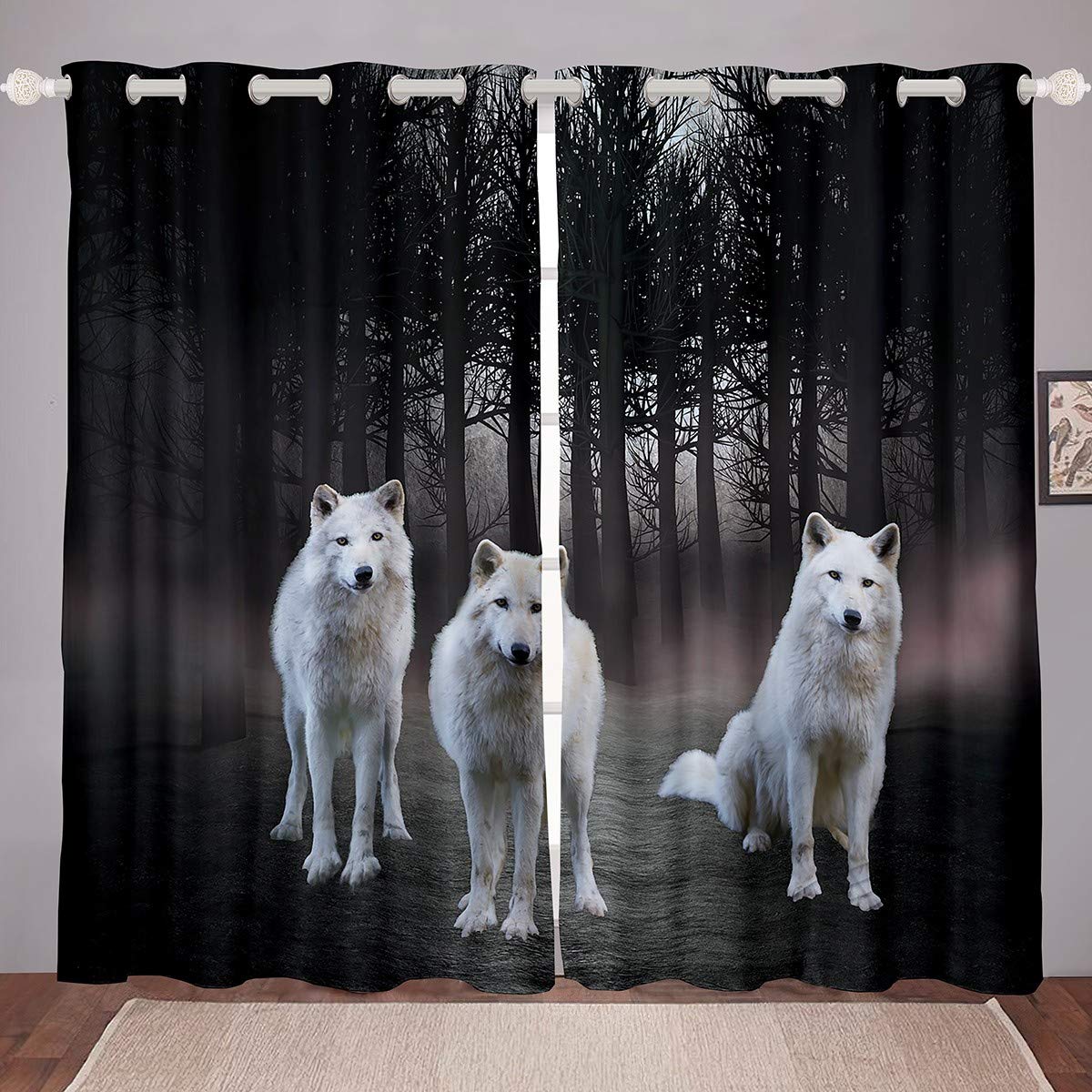 Wolf Window Curtains for Bedroom Living Room Safari Animal Pattern Curtains for Kids Boys Girls White Wolf Family Window Drapes Cool Wildlife Style Decor Window Treatments