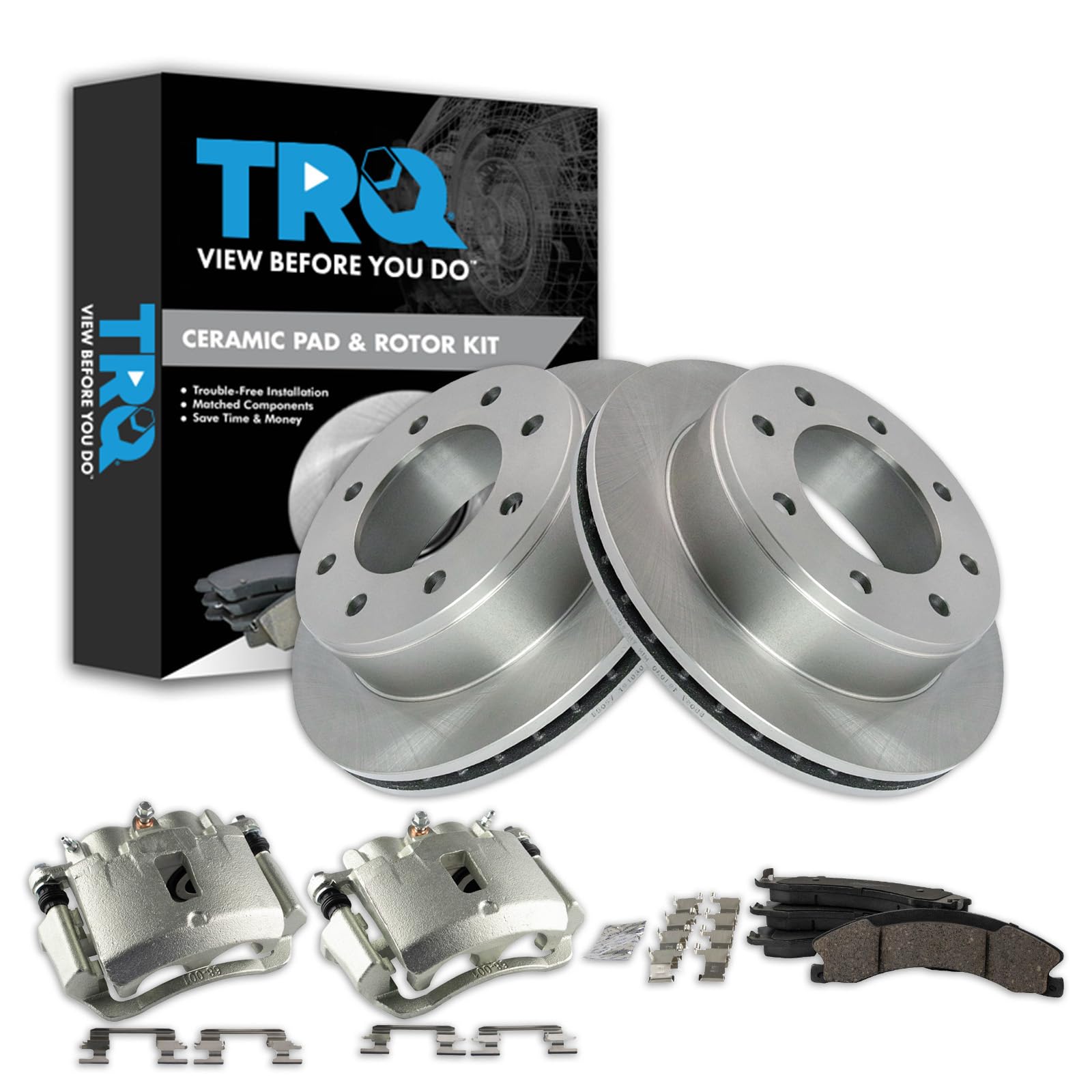 TRQ Rear Brake Pad, Caliper, &amp; Rotor Kit Ceramic Compatible with 2009-2017 GMC Savana 3500