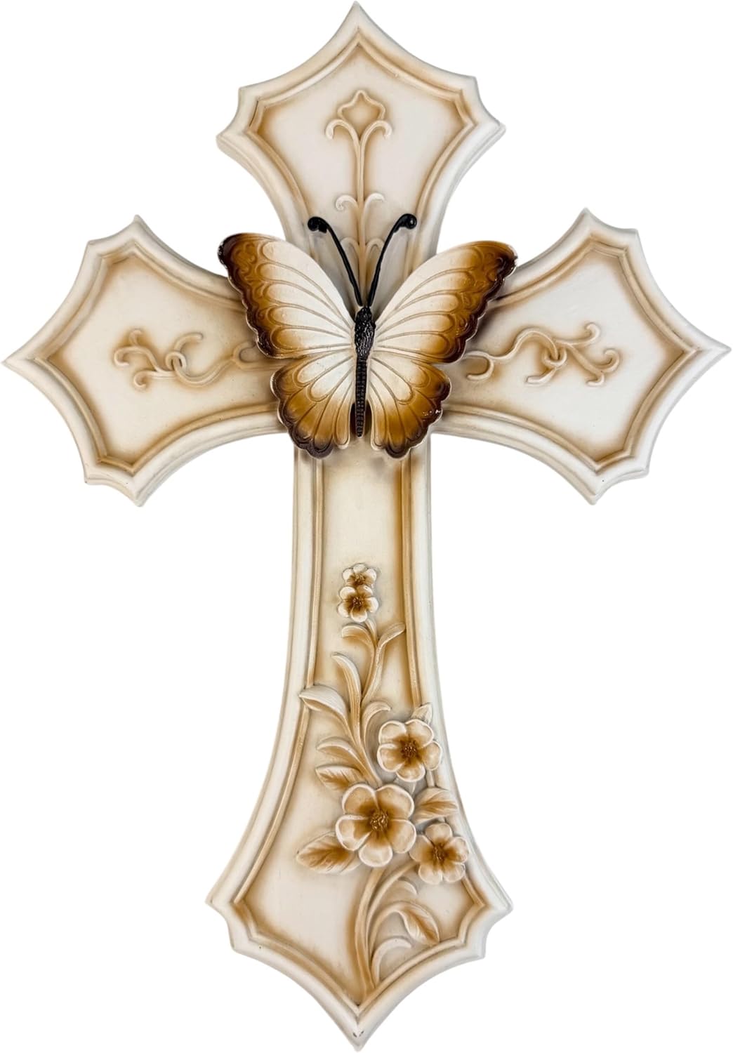 Top Brass Butterfly and Flowers Wall Cross – 12” Resin Christian Wall Décor with Floral Garden Accents, Inspirational Religious Jesus Art Sculpture with Painted Finish and Easy Mounting Hanger