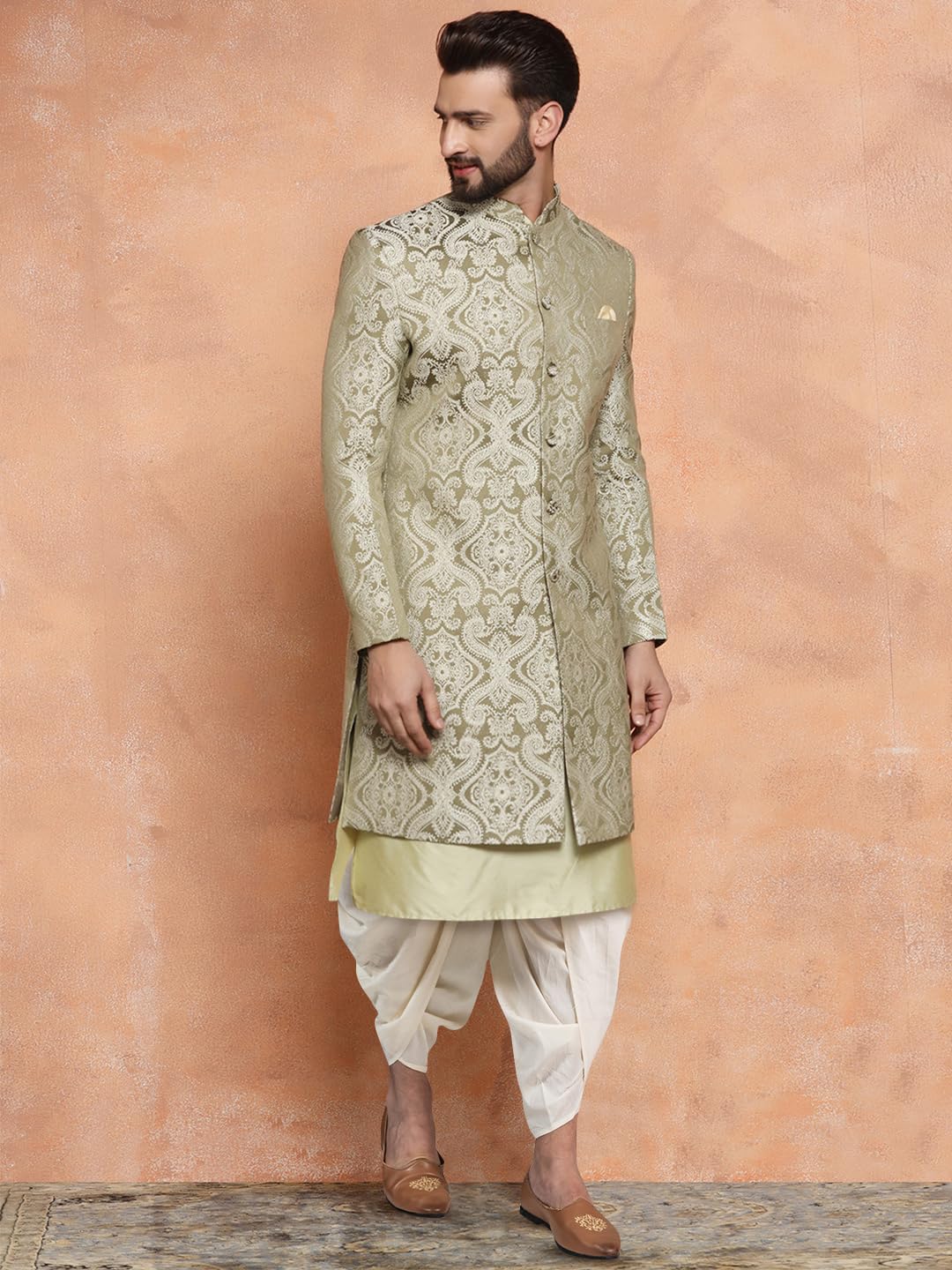 Kisah Mens Kurta Sherwani Dhoti Set Silk Blend Jacquard, Indo-Western, Green, 38