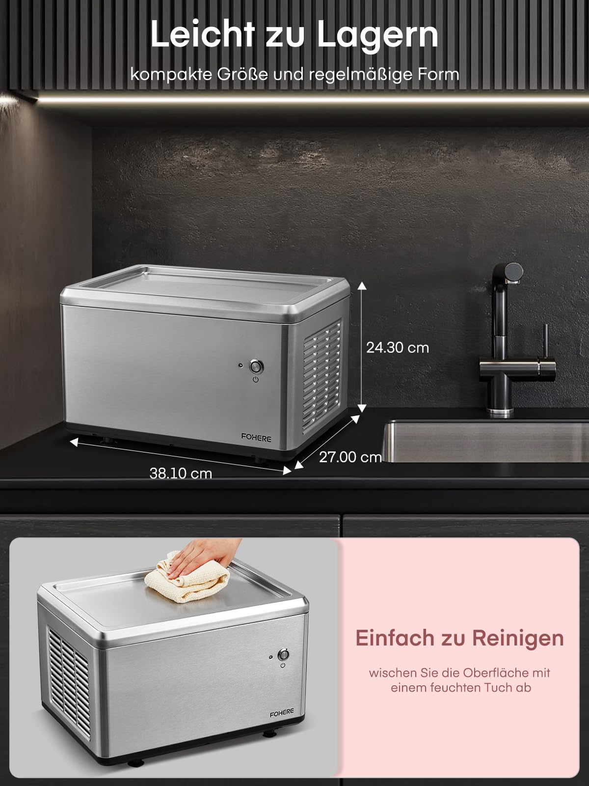 Selbstkühlende Roll-Eismaschine für Zuhause mit Kompressor, Soft Eis in nur 3 Mins, One-Touch Bedienung, Vielfältige Sortenwechsel, Gesunde Selbstgemachte Ice Cream Rolls, Rezept, 2 Spachteln, FOHERE