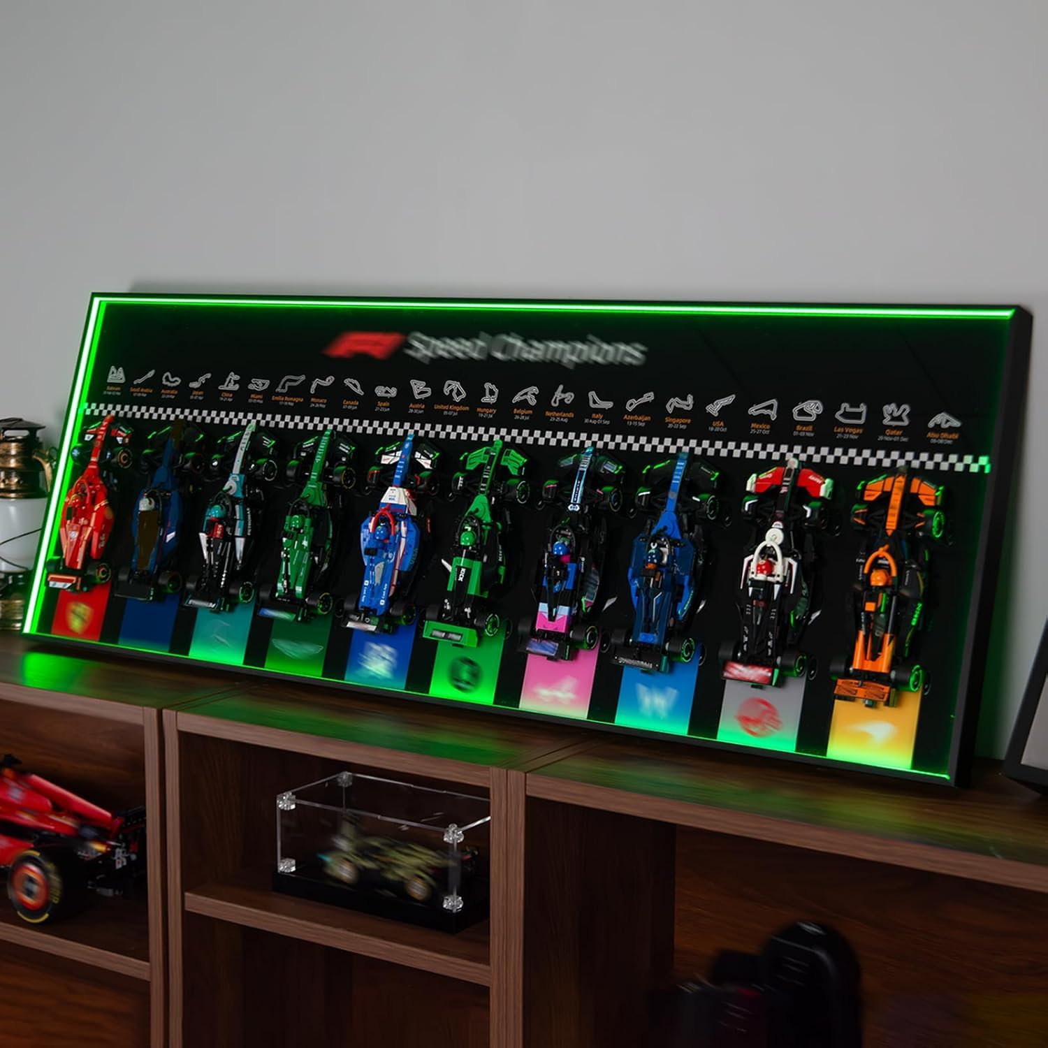 Display Wallboard with RGB LED Lights Compatible with Lego Speed Champions F1 10-in-1 Collector's Pack, Wall Mount Compatible with Lego 66802 Collectible F1 Model Car Kit(No Car Included)