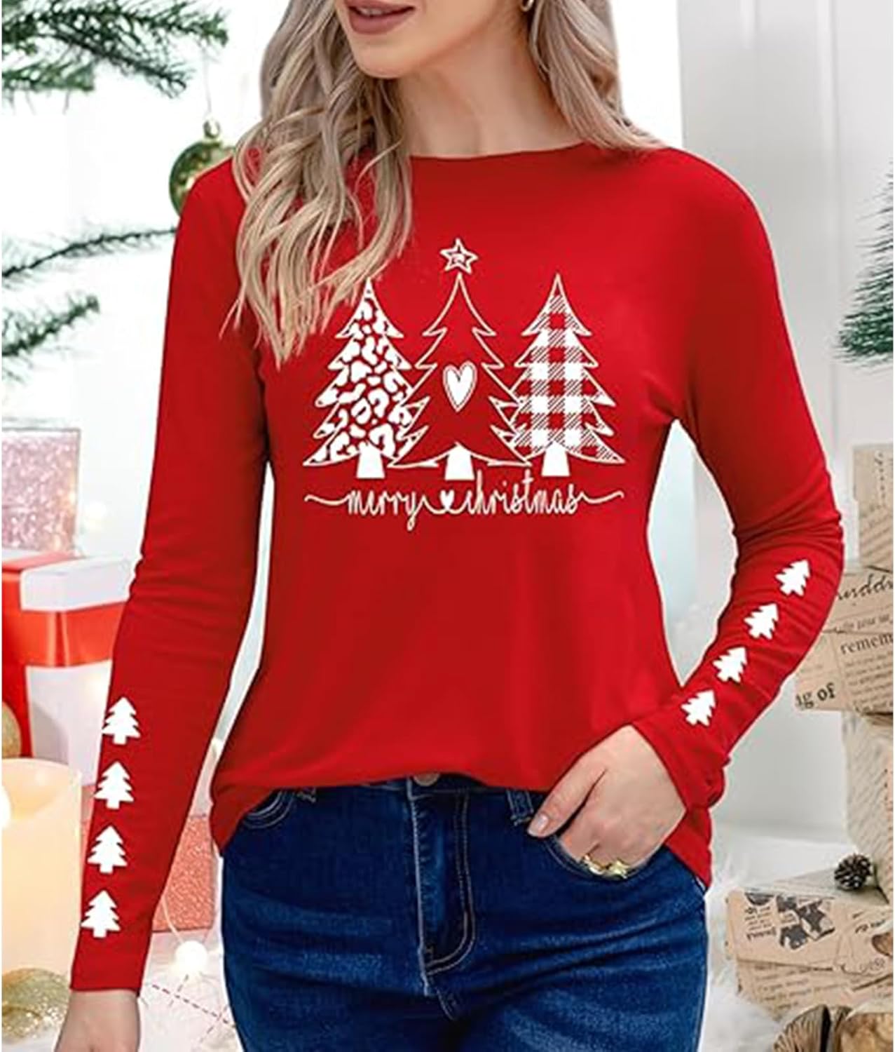 Merry Christmas Bright Women's Shirt Christmas Tree Long Sleeve T-Shirt Christmas Holiday Shirt Top - Image 4