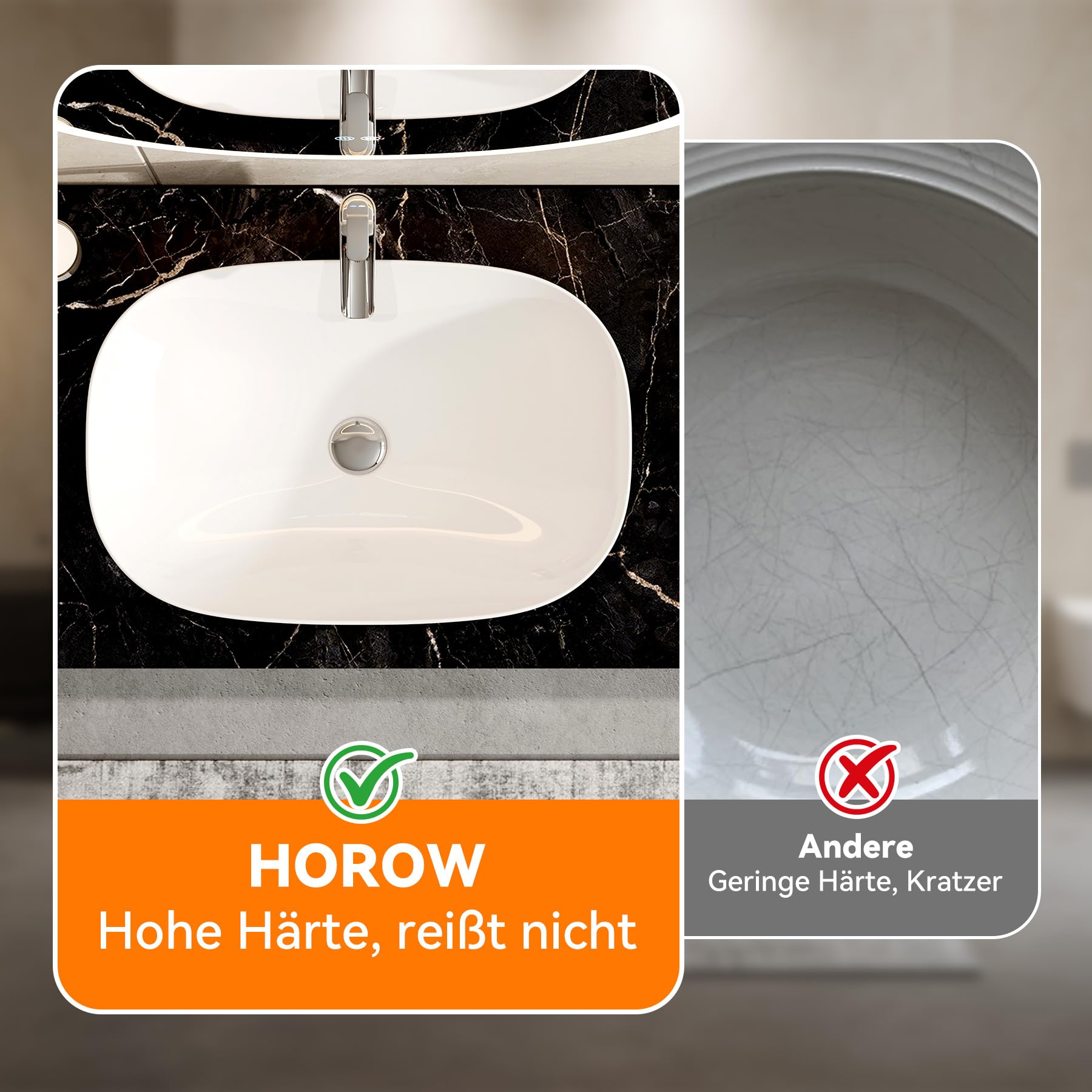 HOROW Aufsatzwaschbecken Modernes Waschbecken | mit Slim-Edge Design für Badezimmer Gäste-WC, dünner Rand, pflegeleichte Oberfläche, Keramik 60x40 cm Weiß